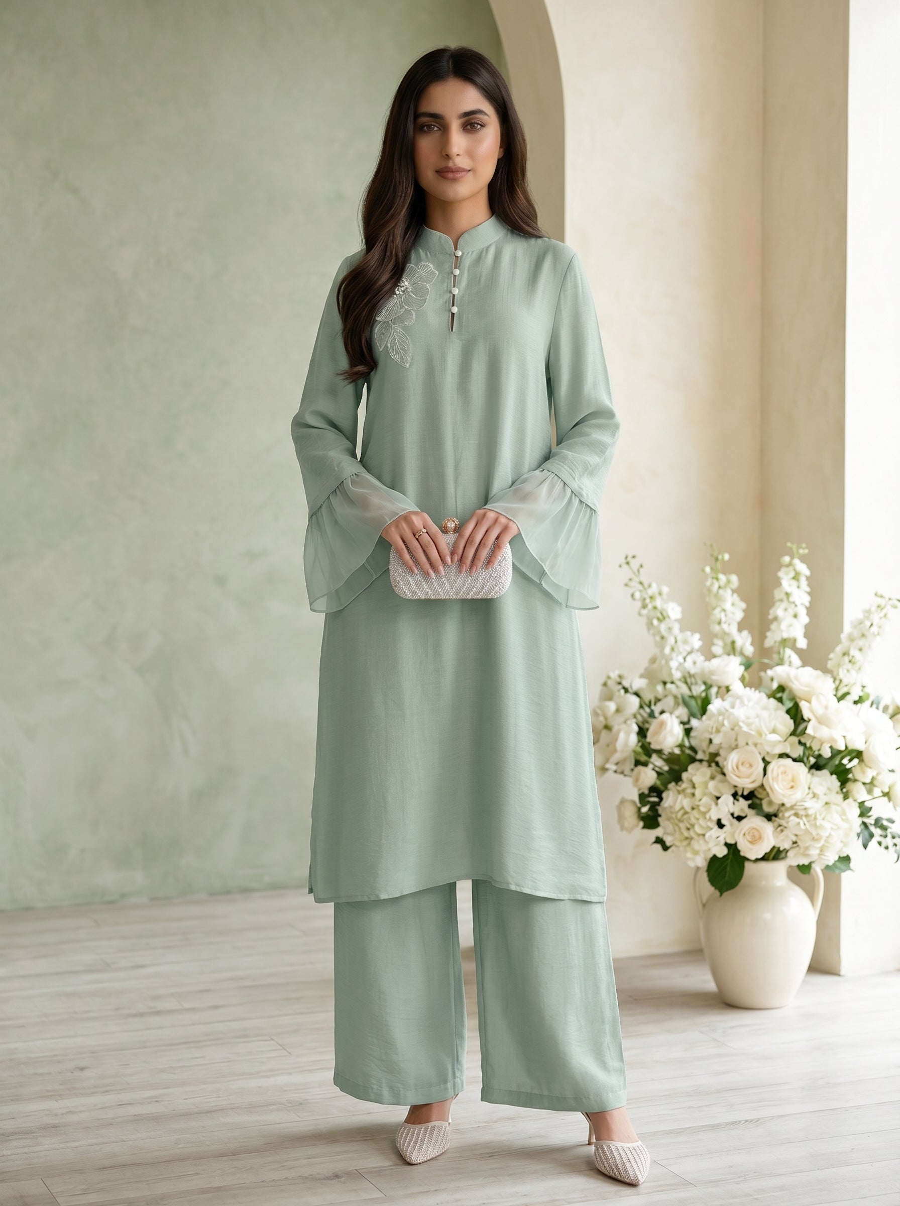 Naye Kapray Women's Mint Green Ruffle Sleeve Co-Ord Set | Stand Collar Tunic Top & Pocket Wide Leg Trousers | Elegant Modest Two Piece Outfit