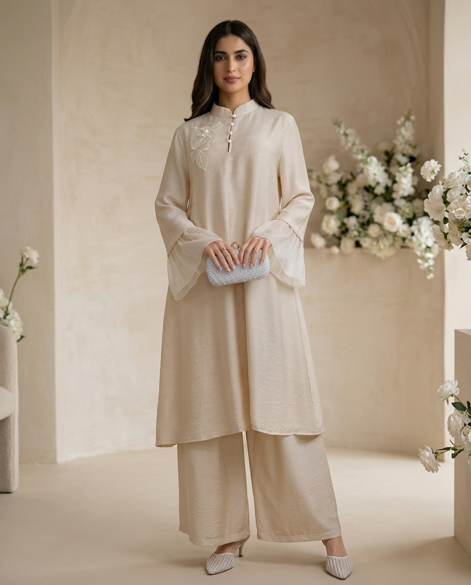 Naye Kapray Women's Apricot Ruffle Sleeve Co-Ord Set | Stand Collar Tunic Top & Pocket Wide Leg Trousers | Elegant Modest Two Piece Outfit