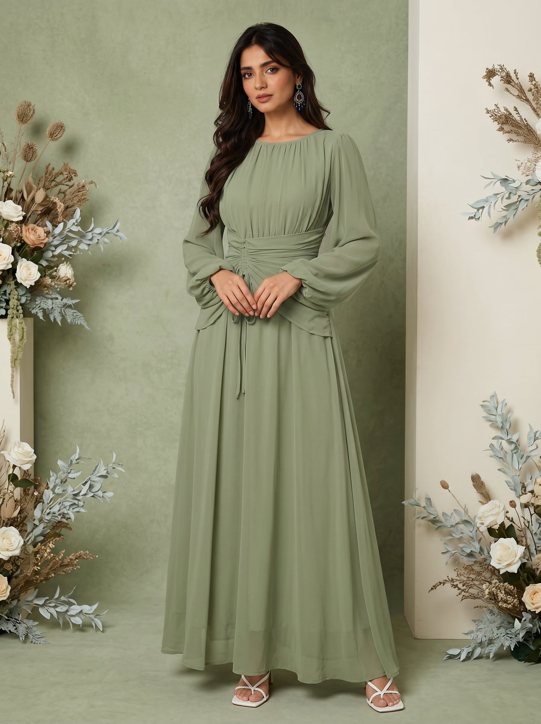 Naye Kapray Women's Sage Green Maxi Dress | Modest Long Sleeve Formal Dress | Wedding Guest & Occasion Dress for Women