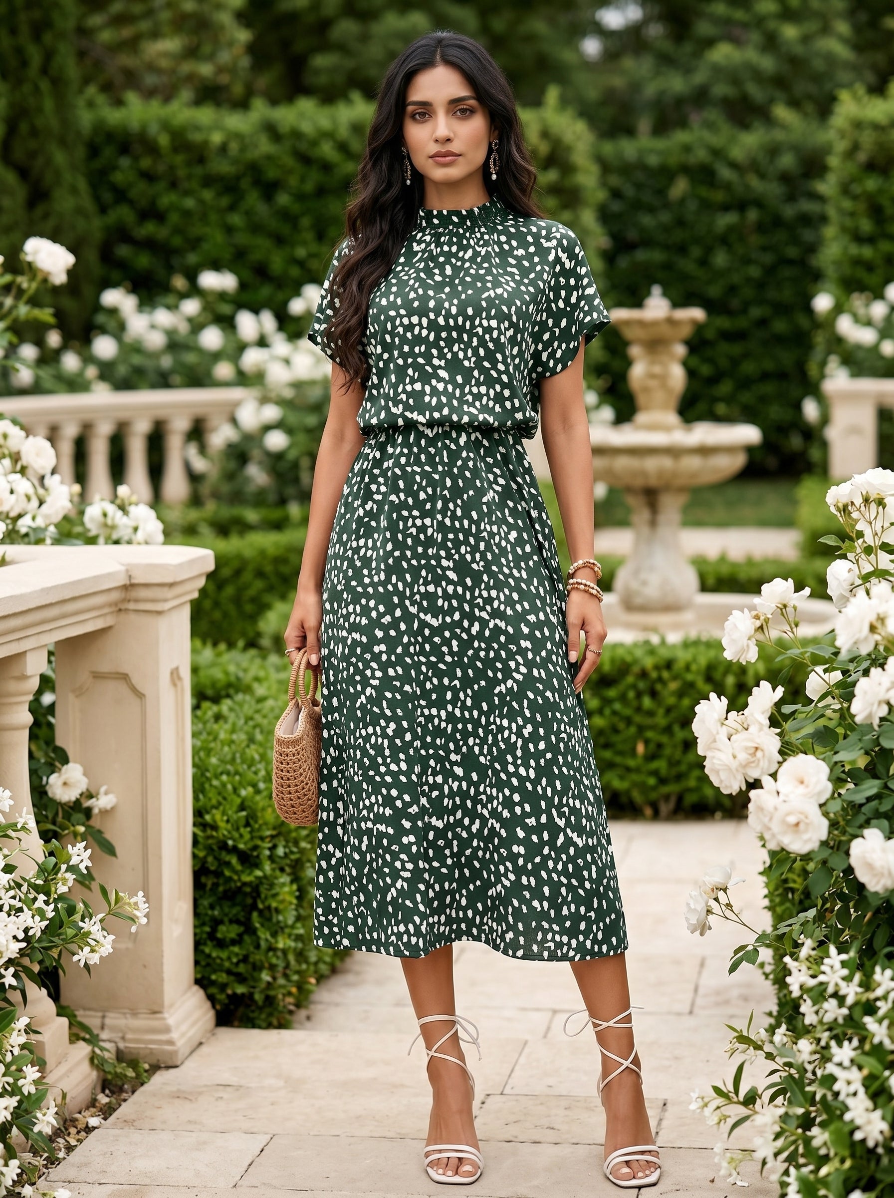 Naye Kapray Women's Forest Green Printed Midi Dress