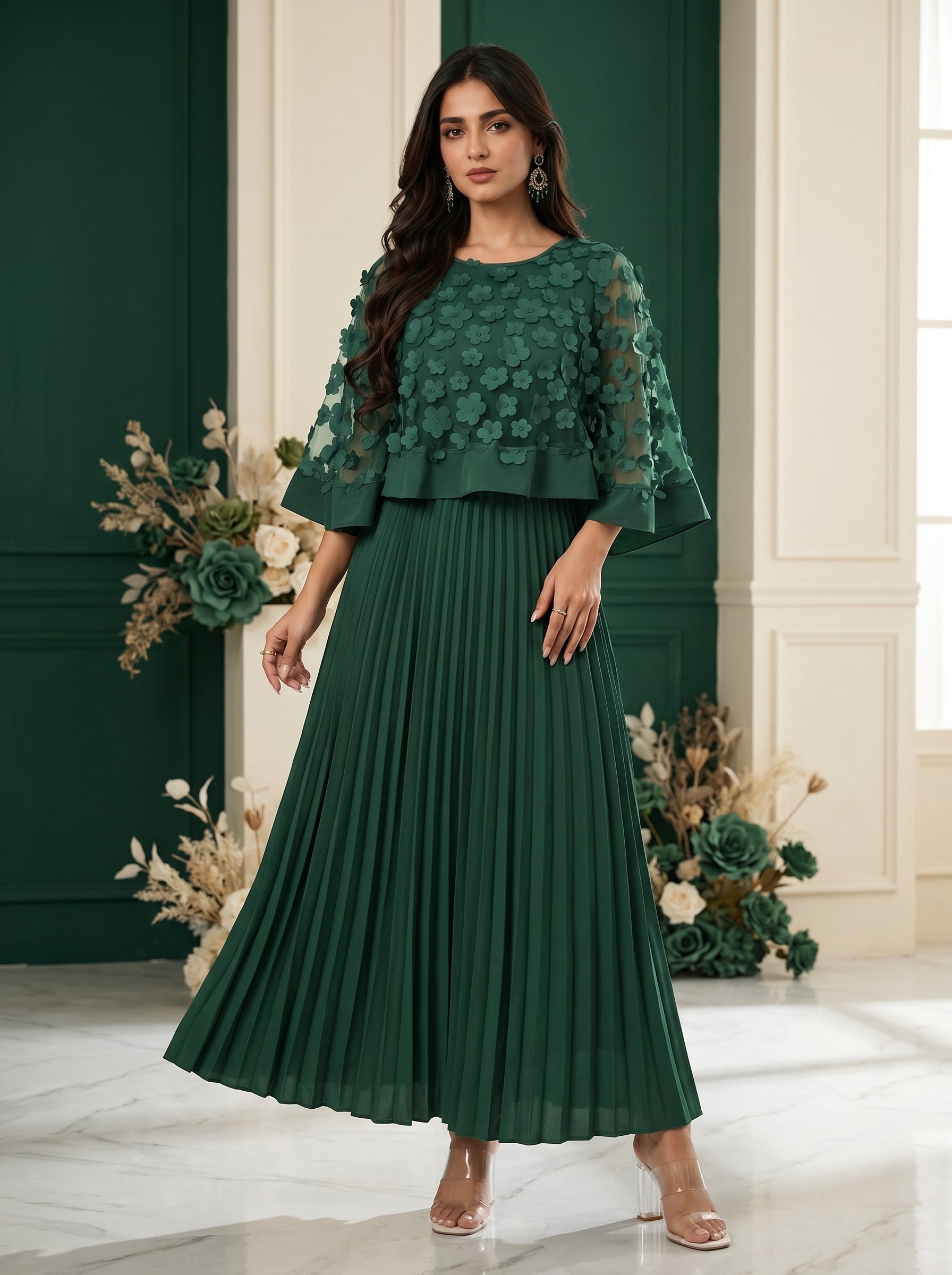 Naye Kapray Emerald Green Pleated Maxi Dress UK | Women's Wedding Guest Dress | Floral Applique Formal Occasion Wear | Modest Evening Party Dress