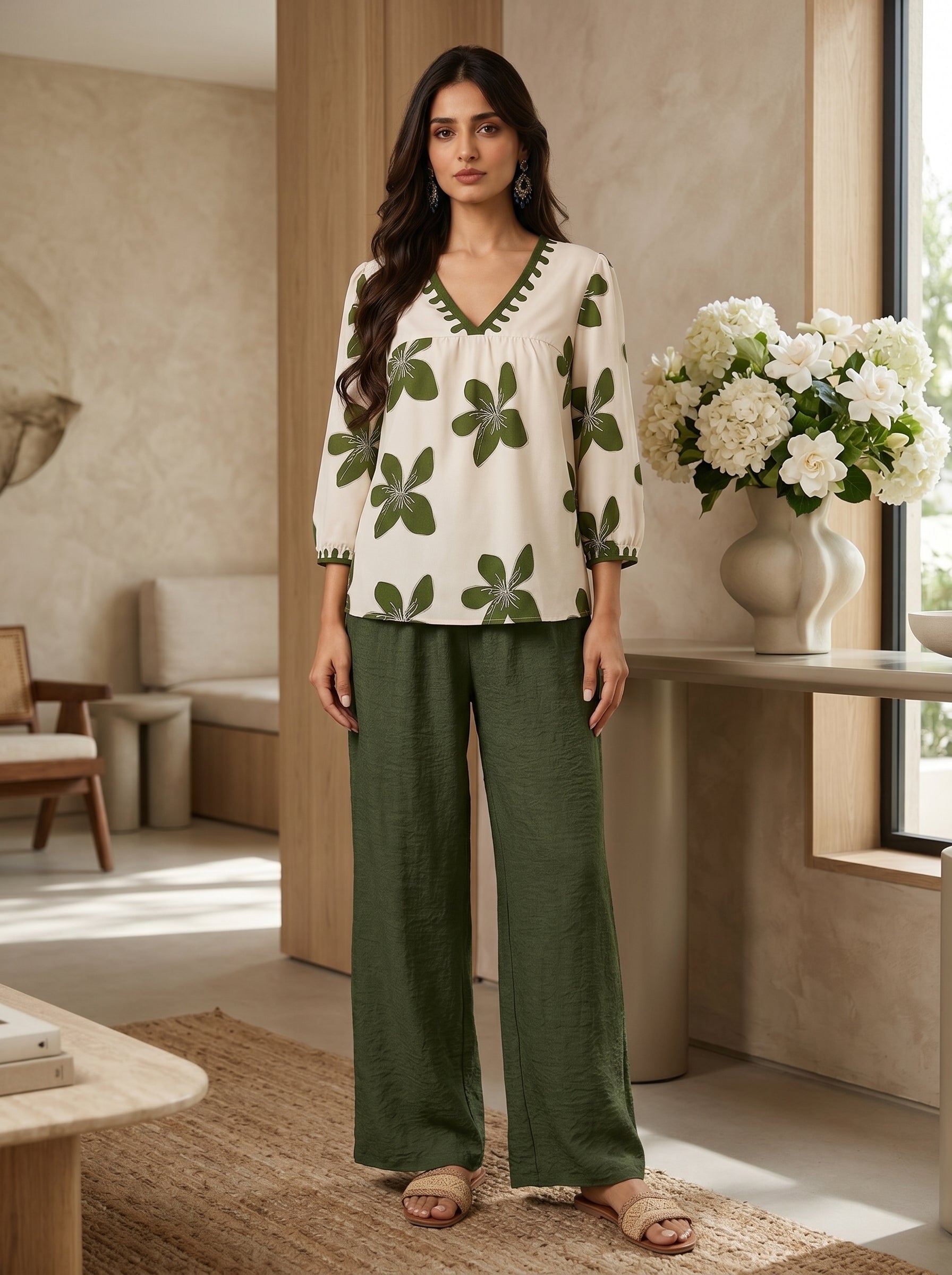 Naye Kapray Women's Olive Green Floral Print Co-Ord Set UK | V Neck Blouse & Wide Leg Trousers | Modest Two Piece Outfit for Women