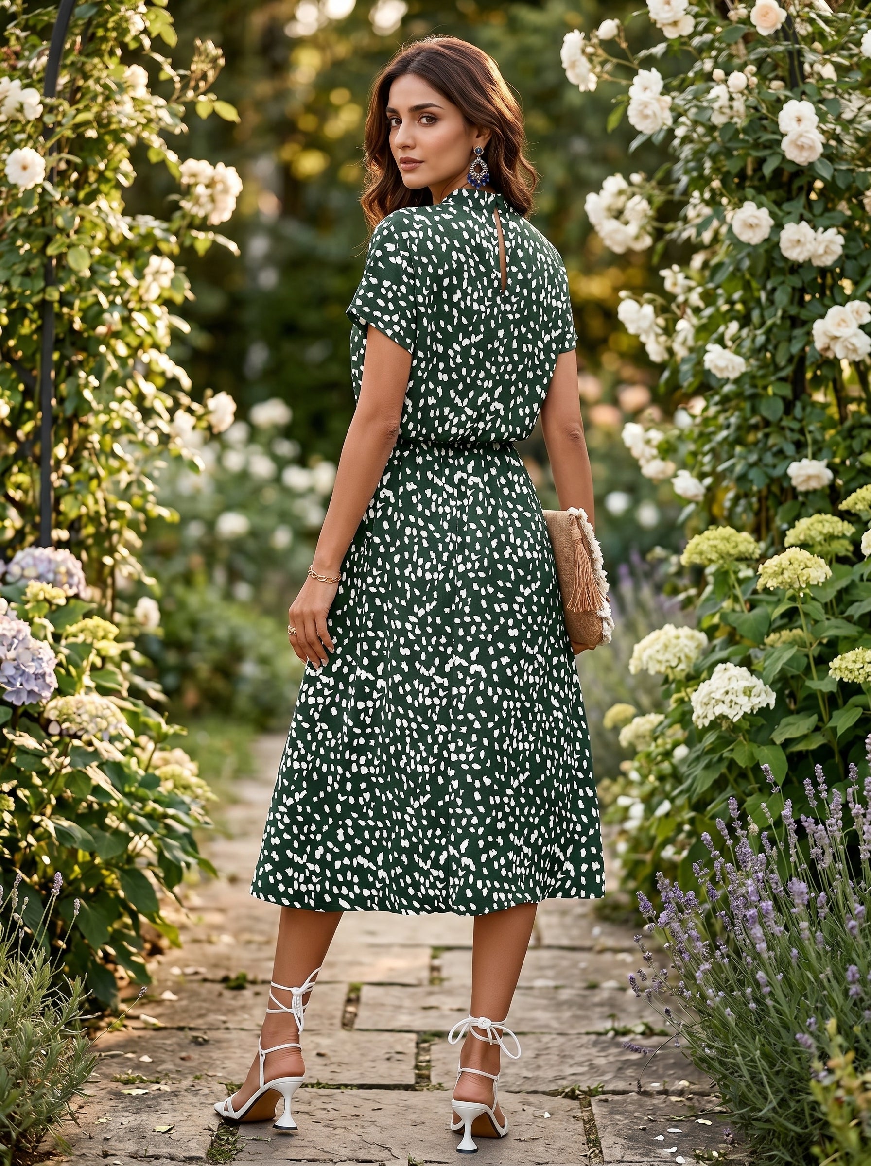 Naye Kapray Women's Forest Green Printed Midi Dress | High Neck Batwing Sleeve A-Line Dress | Elegant Casual Summer Dress