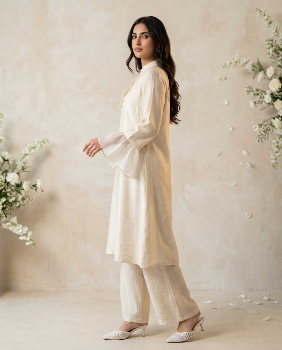 Naye Kapray Women's Apricot Ruffle Sleeve Co-Ord Set | Stand Collar Tunic Top & Pocket Wide Leg Trousers | Elegant Modest Two Piece Outfit