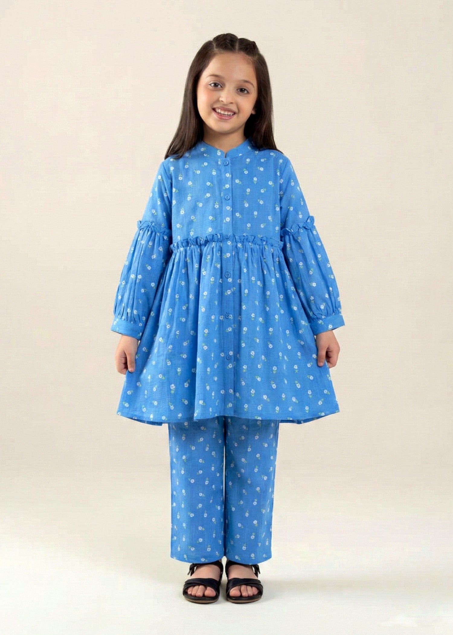 GIRLS-BLUE-PRINTED-COTTON-SUIT-2 - Piece Kurti Trouser Set
