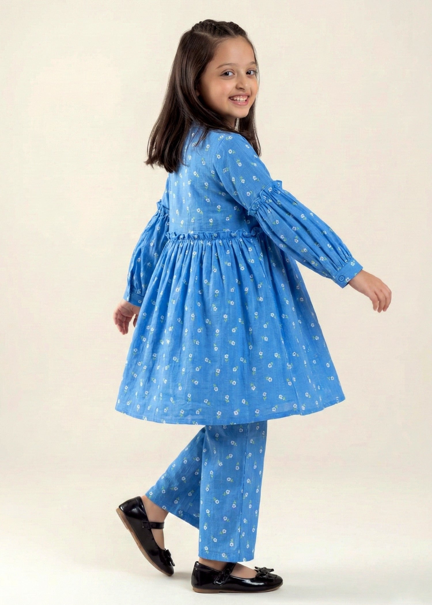 GIRLS-BLUE-PRINTED-COTTON-SUIT-2 - Piece Kurti Trouser Set