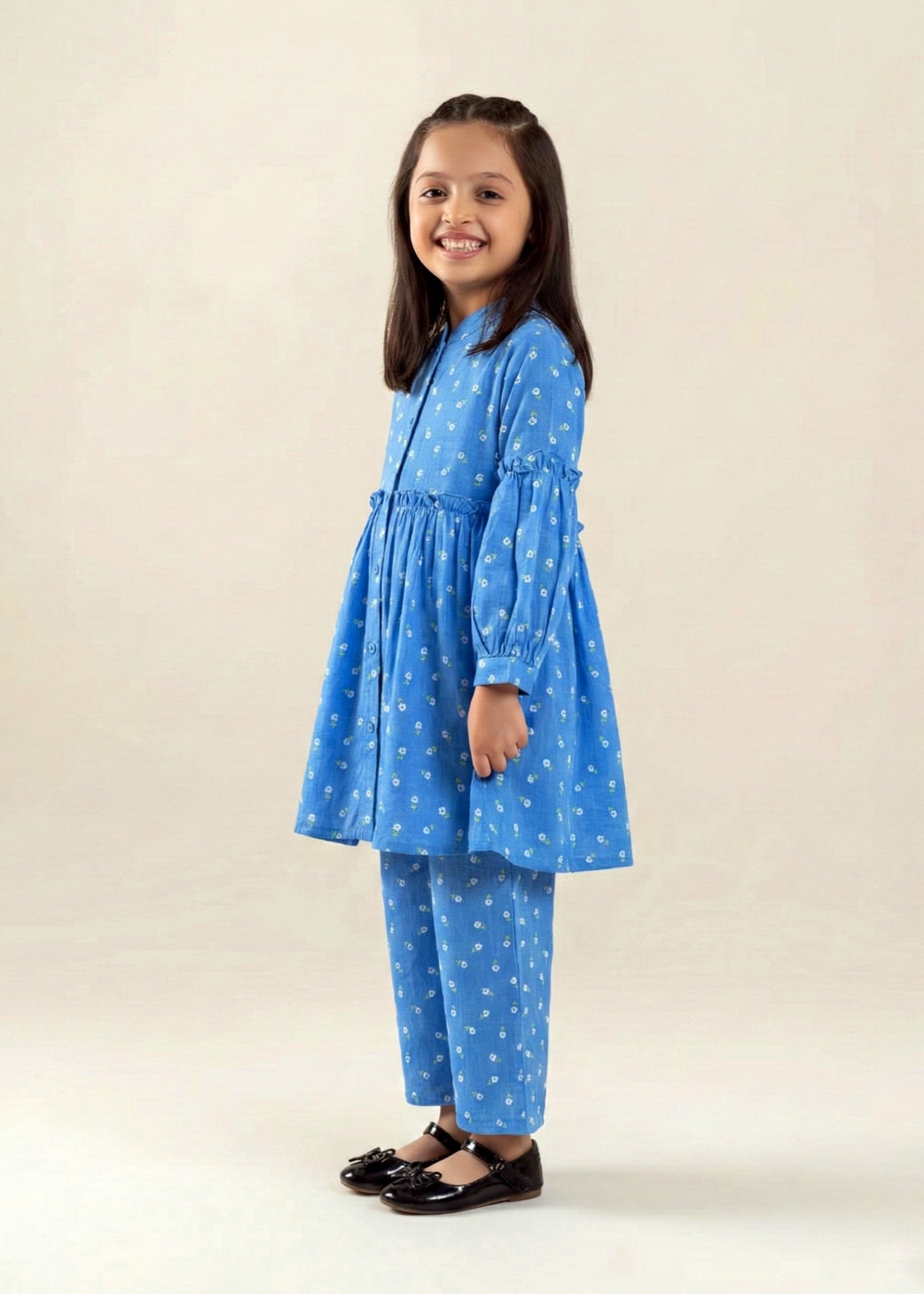 GIRLS-BLUE-PRINTED-COTTON-SUIT-2 - Piece Kurti Trouser Set