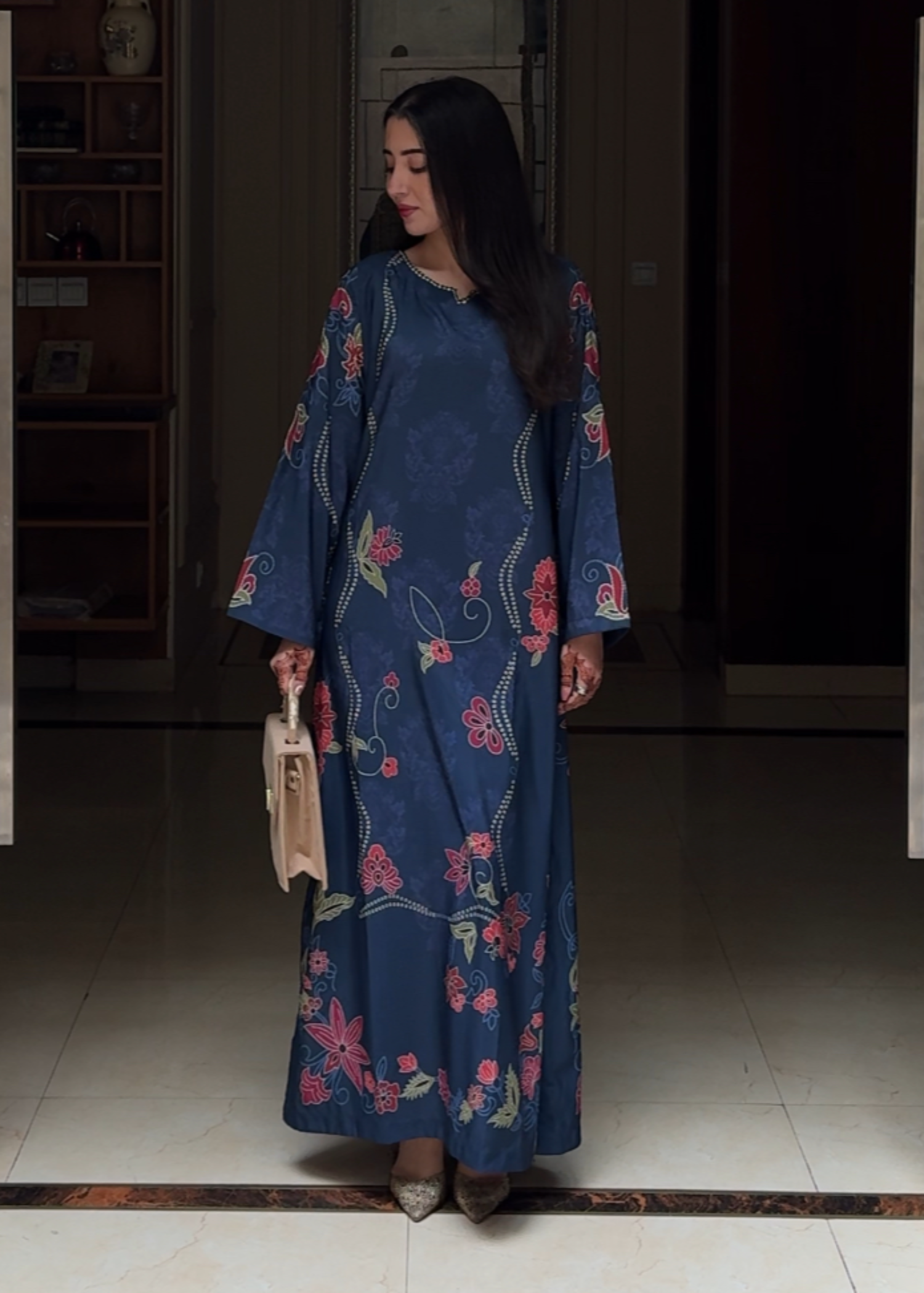 Poly silk Kaftan in Navy blue
