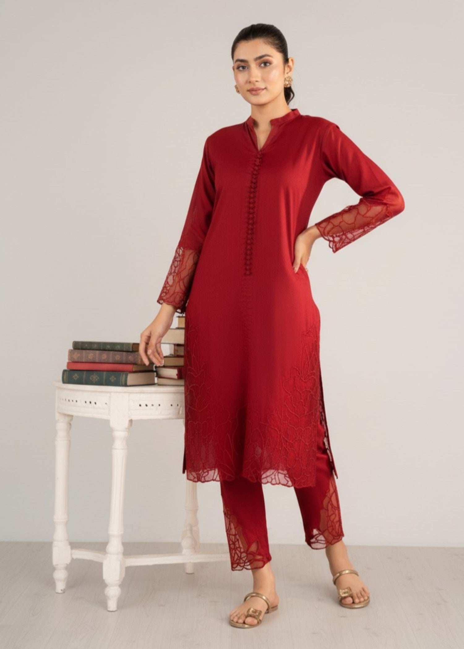 Lawn Kurta Set in Maroon, wine