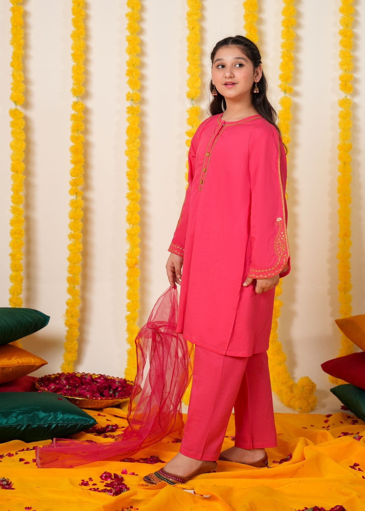 SHOCKING-PINK-COTTON-3 - Pcs Suit Multihead Embroidery With Net Dopata