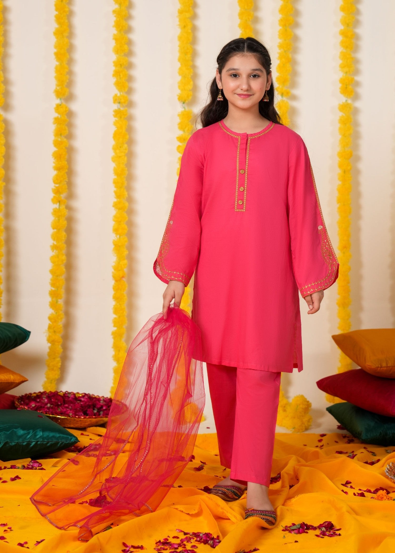 SHOCKING-PINK-COTTON-3 - Pcs Suit Multihead Embroidery With Net Dopata