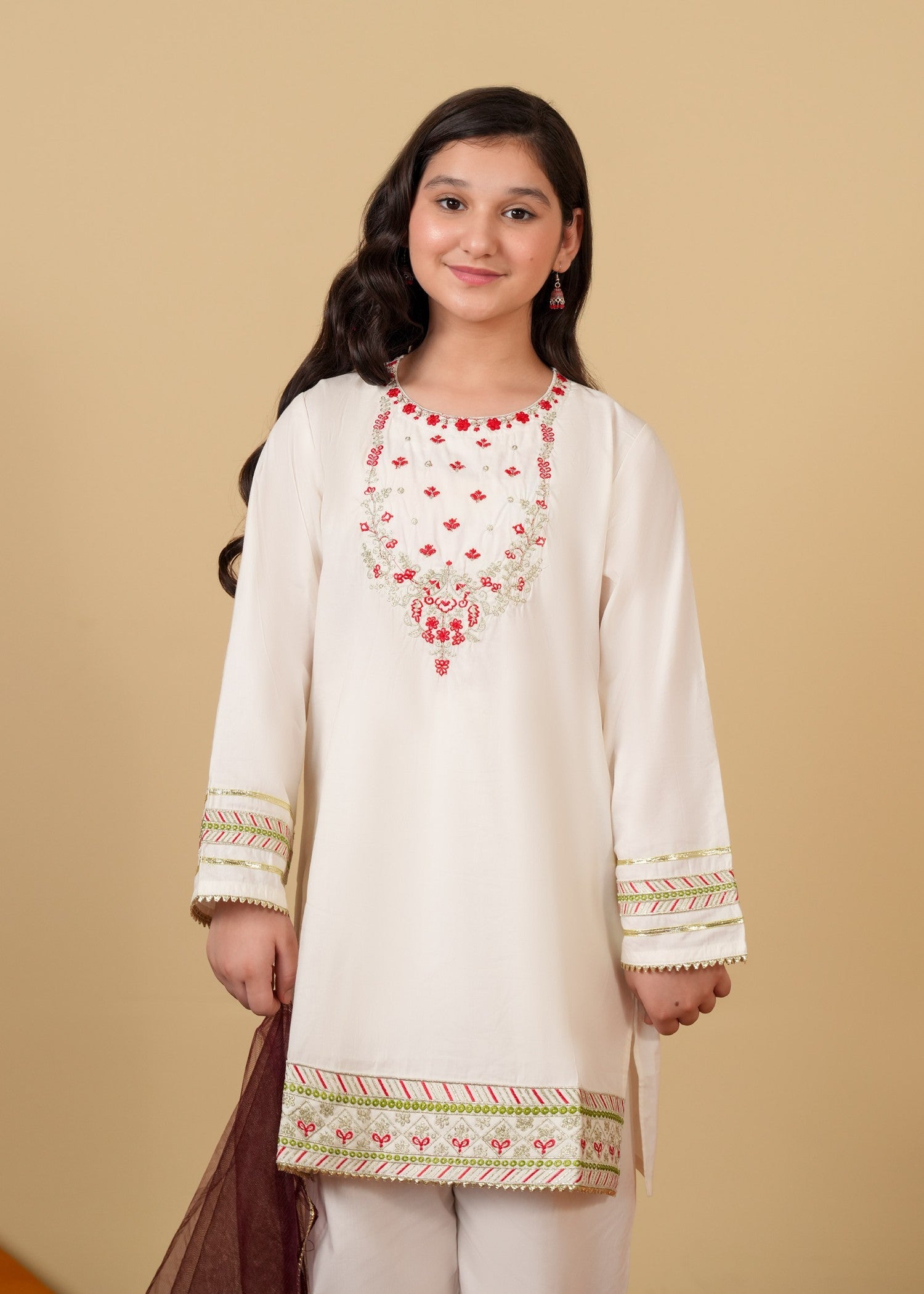 GIRLS-EMBROIDERED-COTTON-SUIT-WITH-NET-DUPATTA-3 - Piece Set
