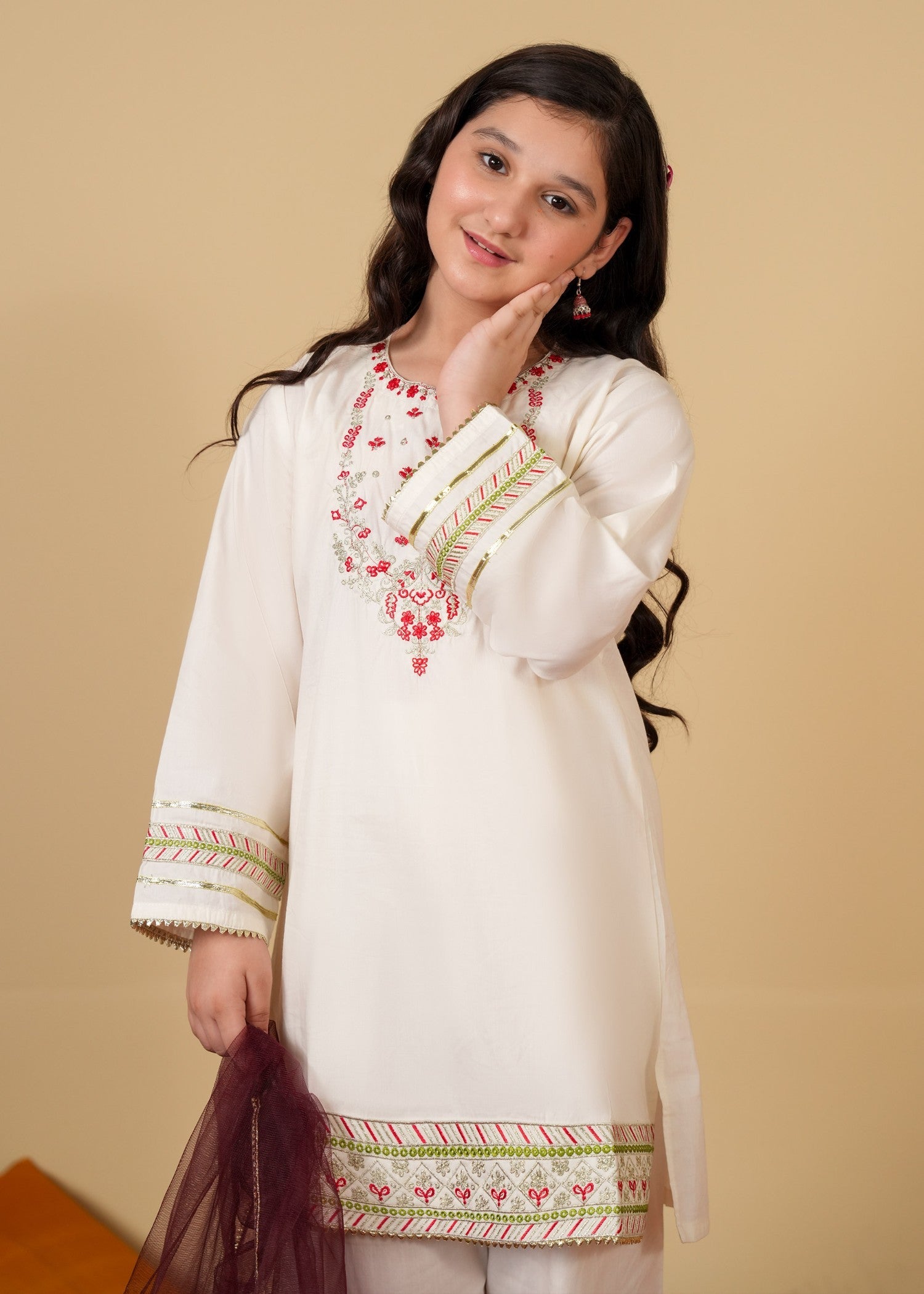 GIRLS-EMBROIDERED-COTTON-SUIT-WITH-NET-DUPATTA-3 - Piece Set