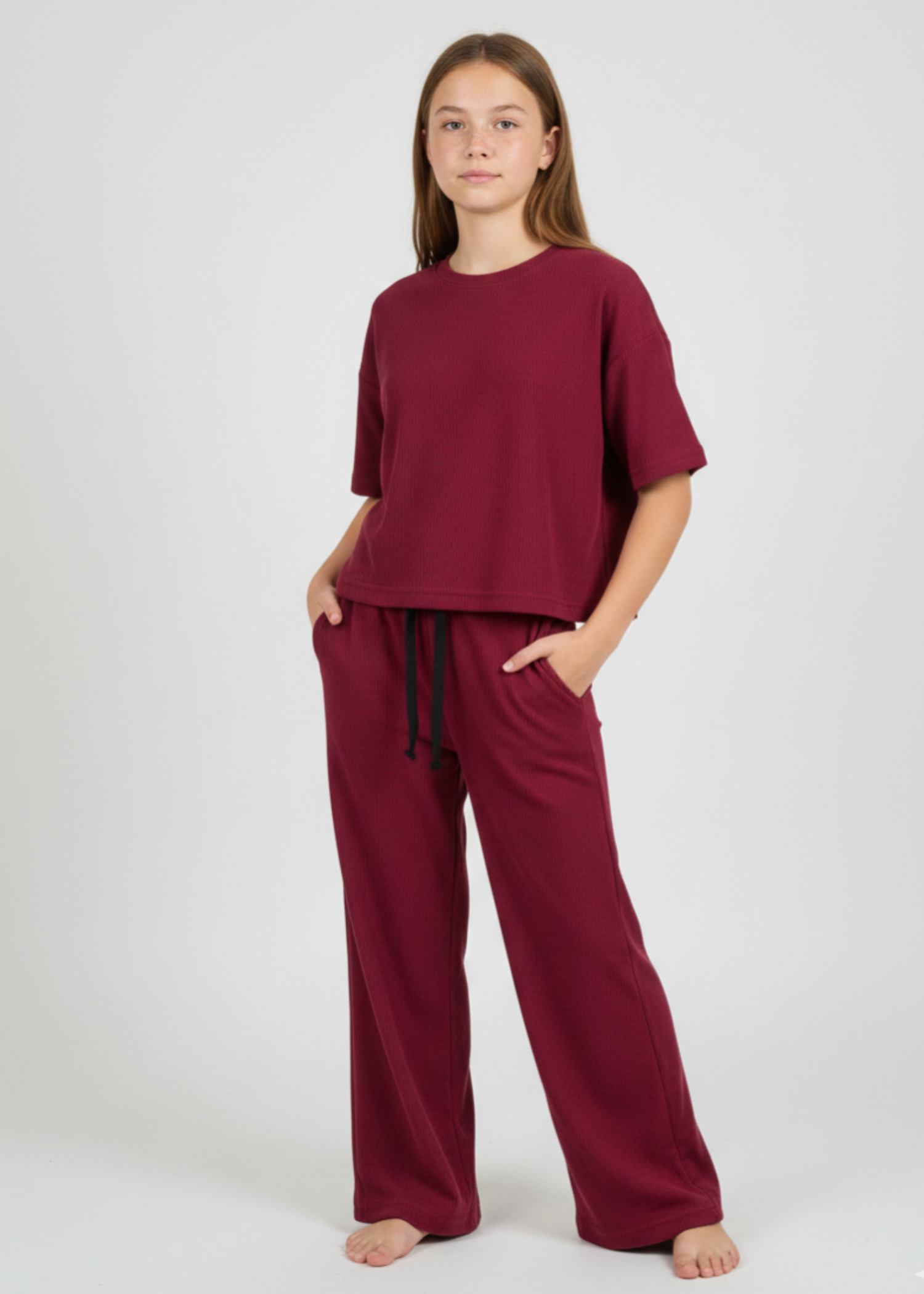 GIRLS-PREMIUM-100-1X1 - Cotton Deep Burgundy Rib Two Piece Set Boxy Tee Wide Leg Treouser