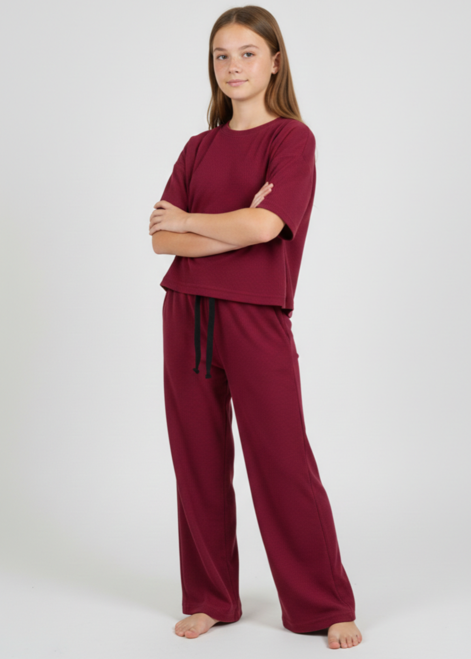 GIRLS-PREMIUM-100-1X1 - Cotton Deep Burgundy Rib Two Piece Set Boxy Tee Wide Leg Treouser