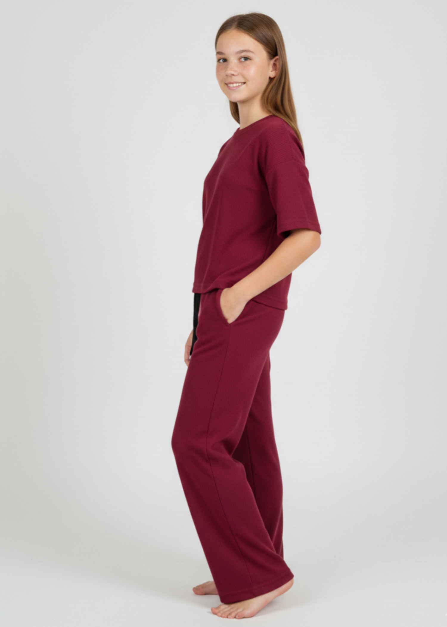 GIRLS-PREMIUM-100-1X1 - Cotton Deep Burgundy Rib Two Piece Set Boxy Tee Wide Leg Treouser