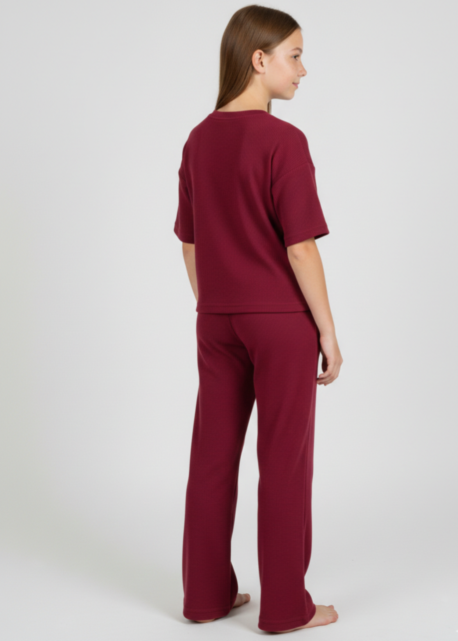 GIRLS-PREMIUM-100-1X1 - Cotton Deep Burgundy Rib Two Piece Set Boxy Tee Wide Leg Treouser