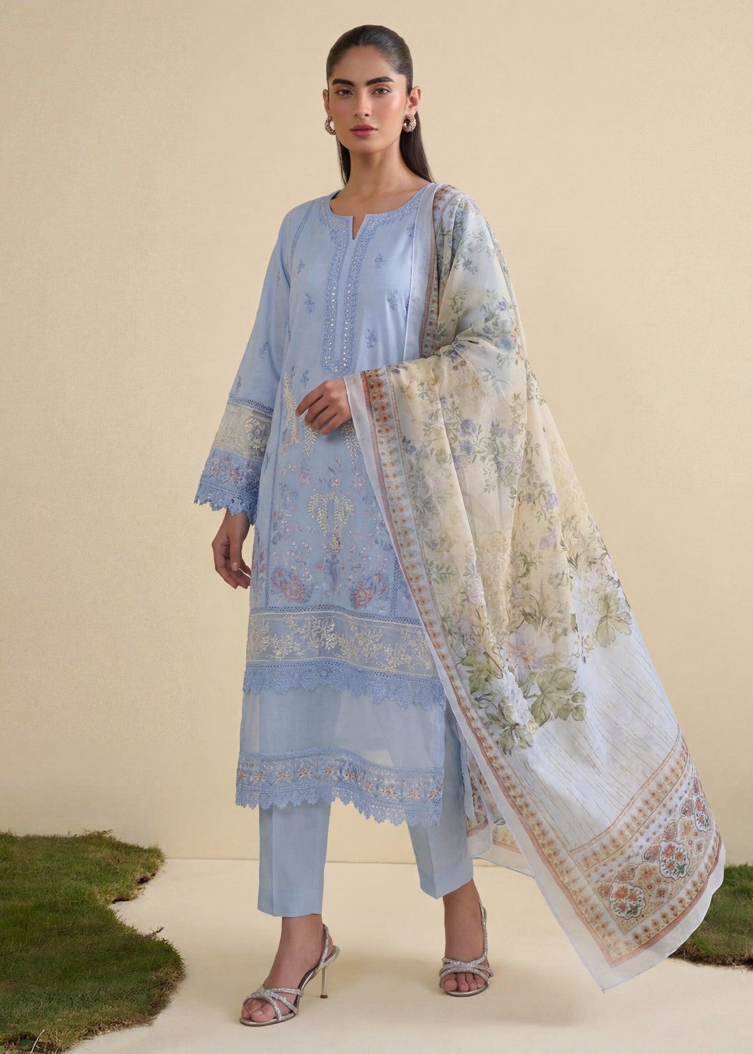 Lawn Kurta Set in Ice blue