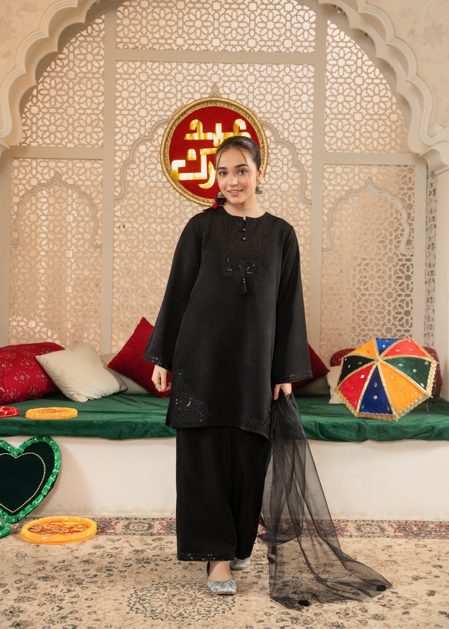 GIRLS-ELEGANCE-IN-BLOOM-EMBROIDERED-100-3 - Cotton Piece Set Midnight Black