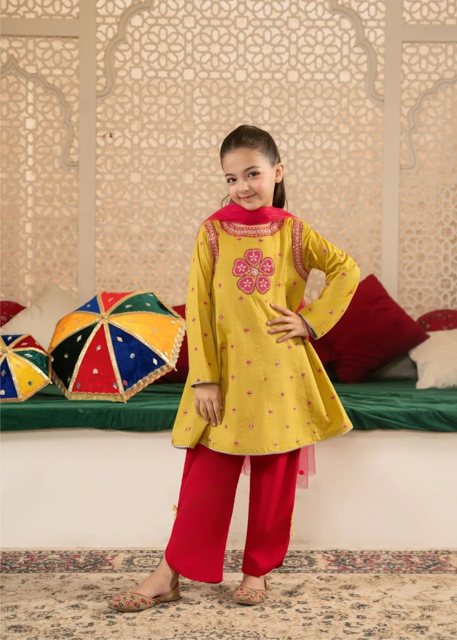 MUSTARD-YELLOW-EMBROIDERED-KURTI-WITH-MAROON-SALWAR-SET