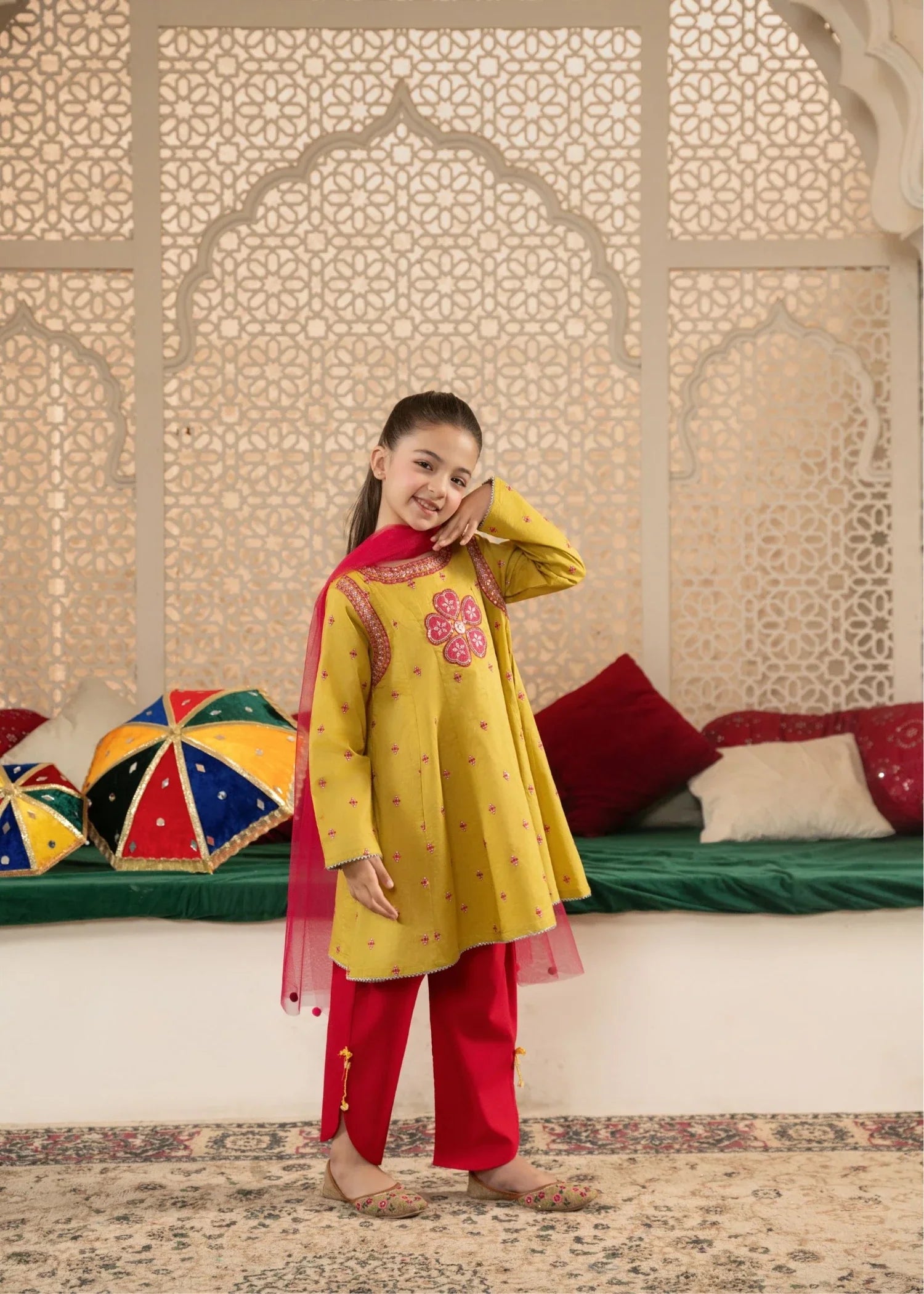 MUSTARD-YELLOW-EMBROIDERED-KURTI-WITH-MAROON-SALWAR-SET