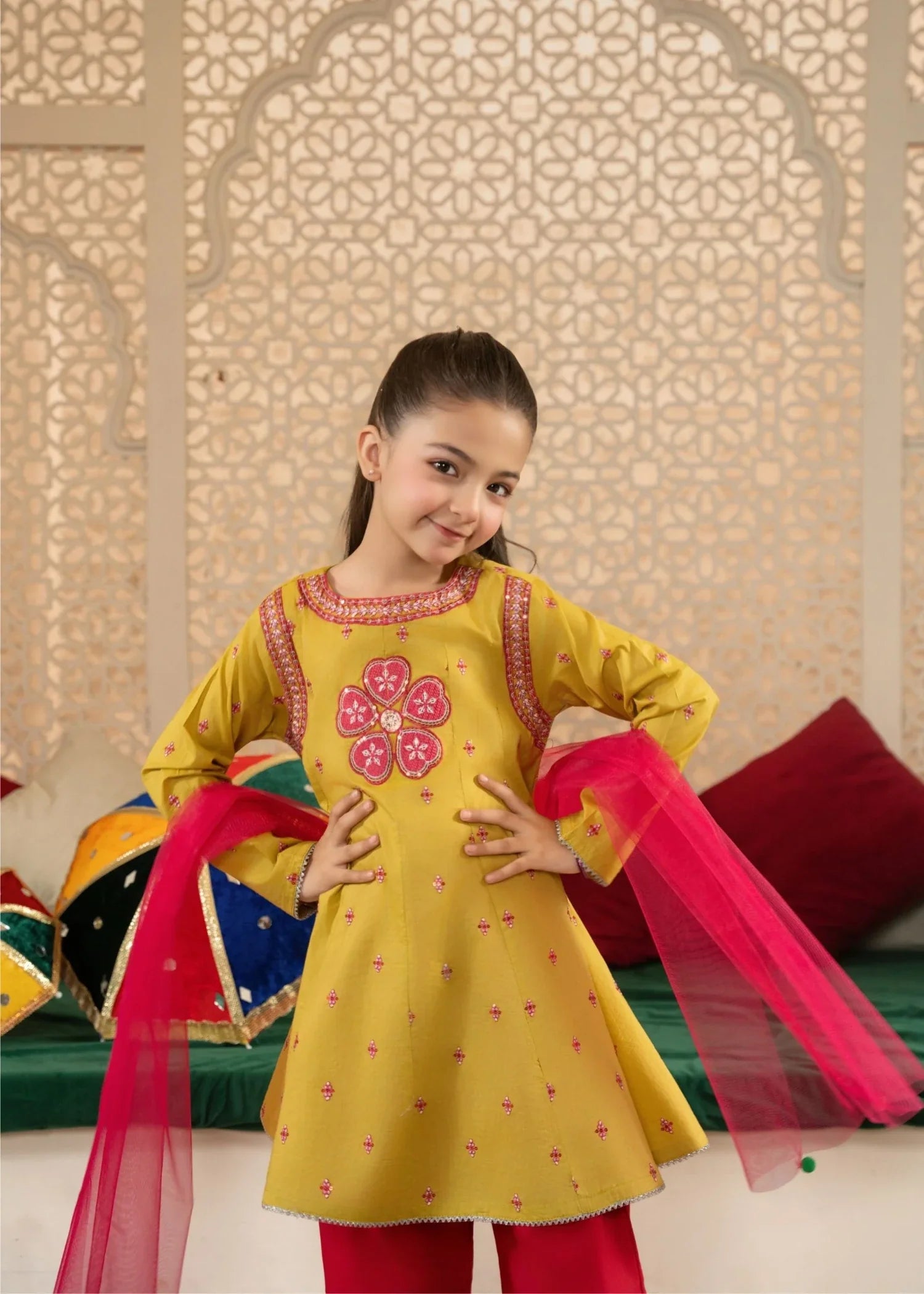 MUSTARD-YELLOW-EMBROIDERED-KURTI-WITH-MAROON-SALWAR-SET