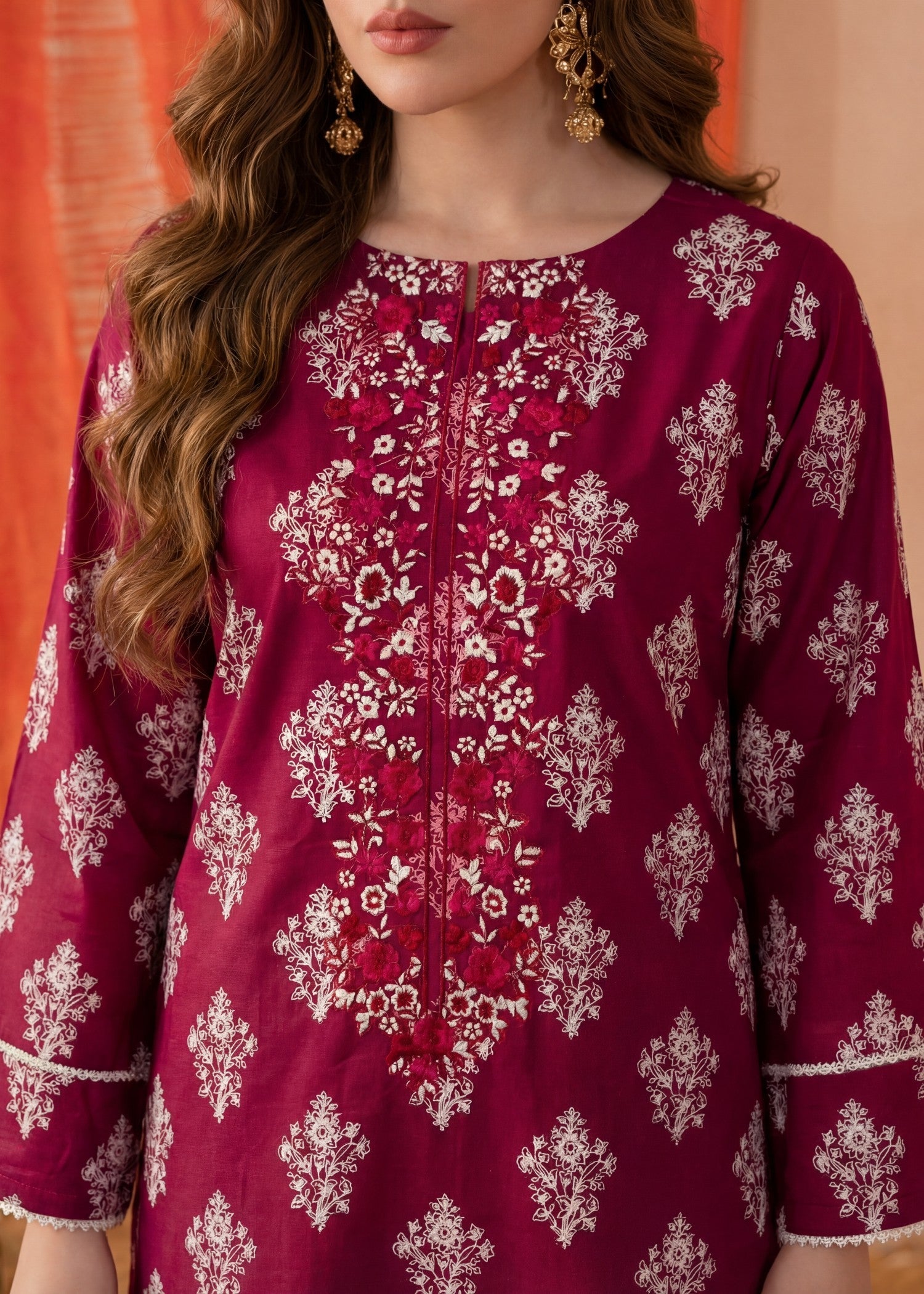 Lawn Kurta Set in Maroon