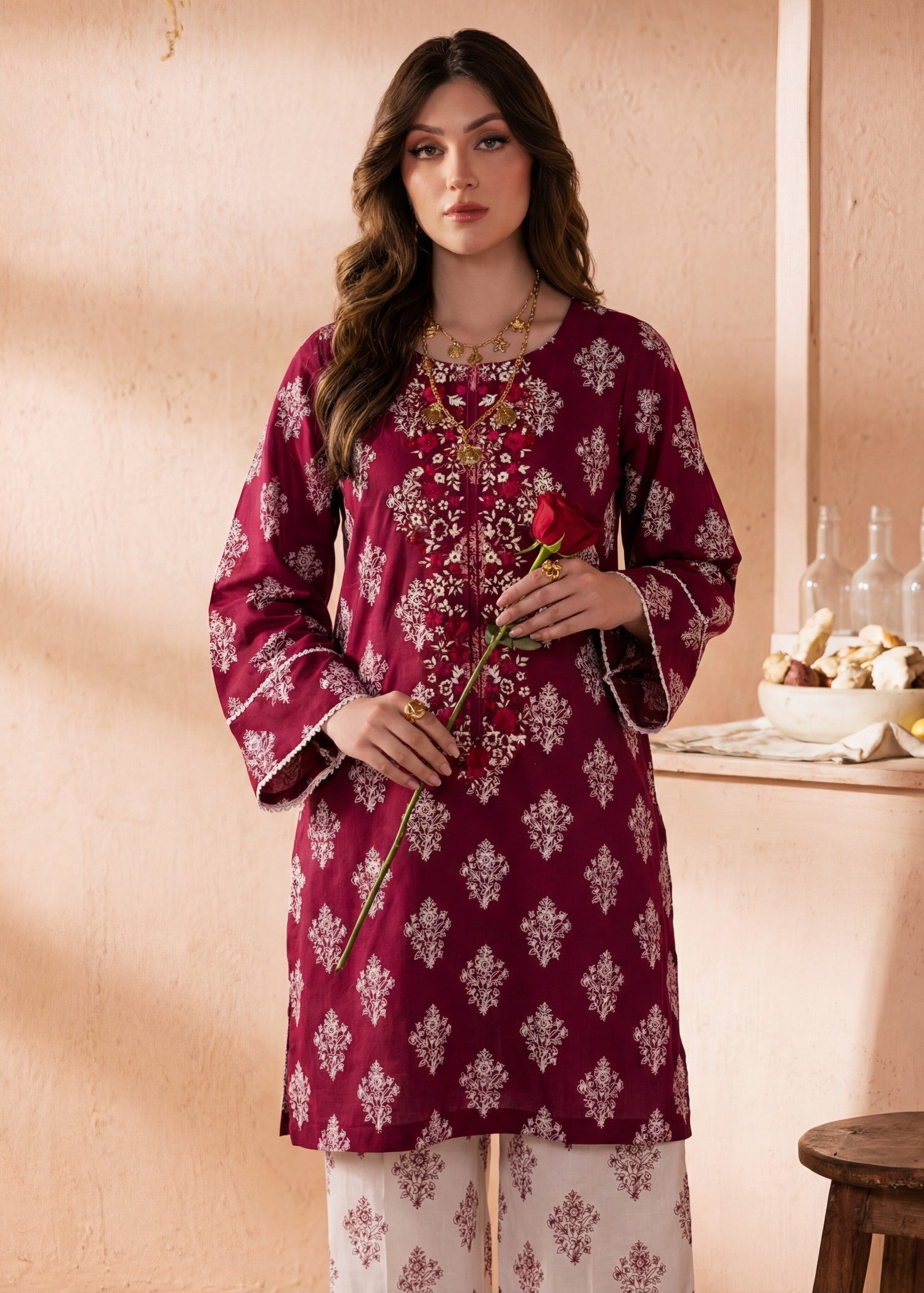 Lawn Kurta Set in Maroon