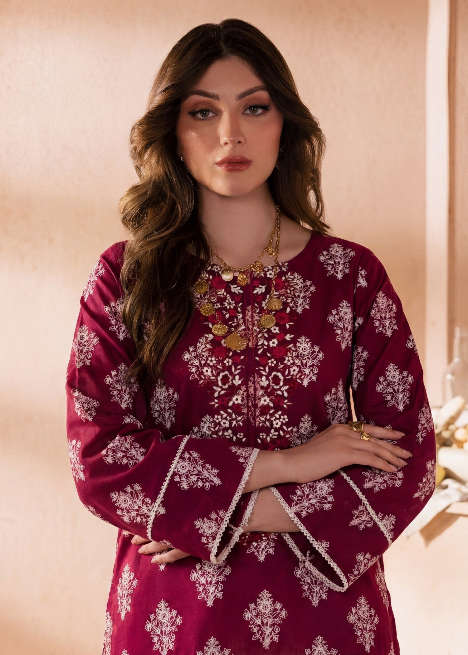 Lawn Kurta Set in Maroon