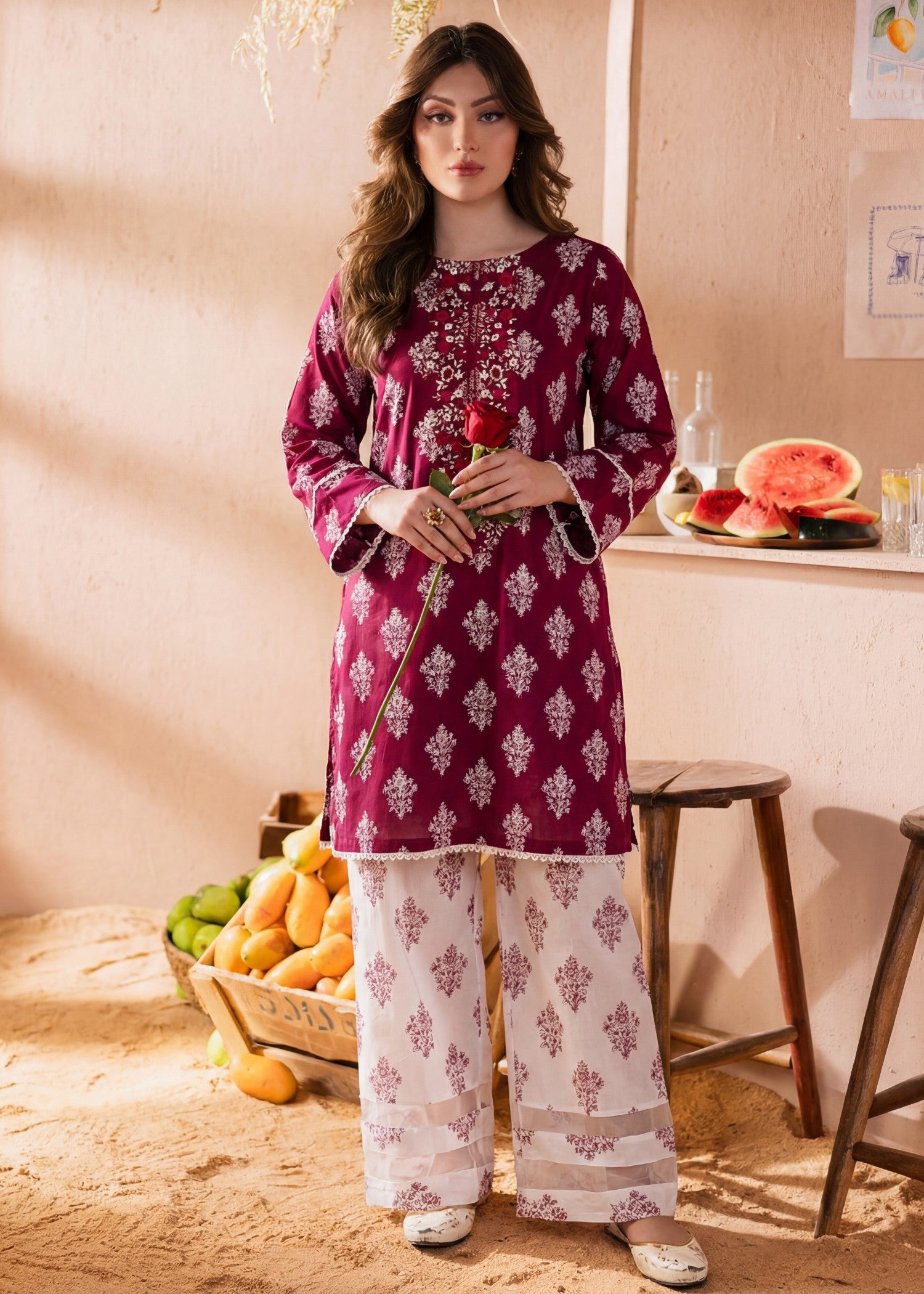 Lawn Kurta Set in Maroon