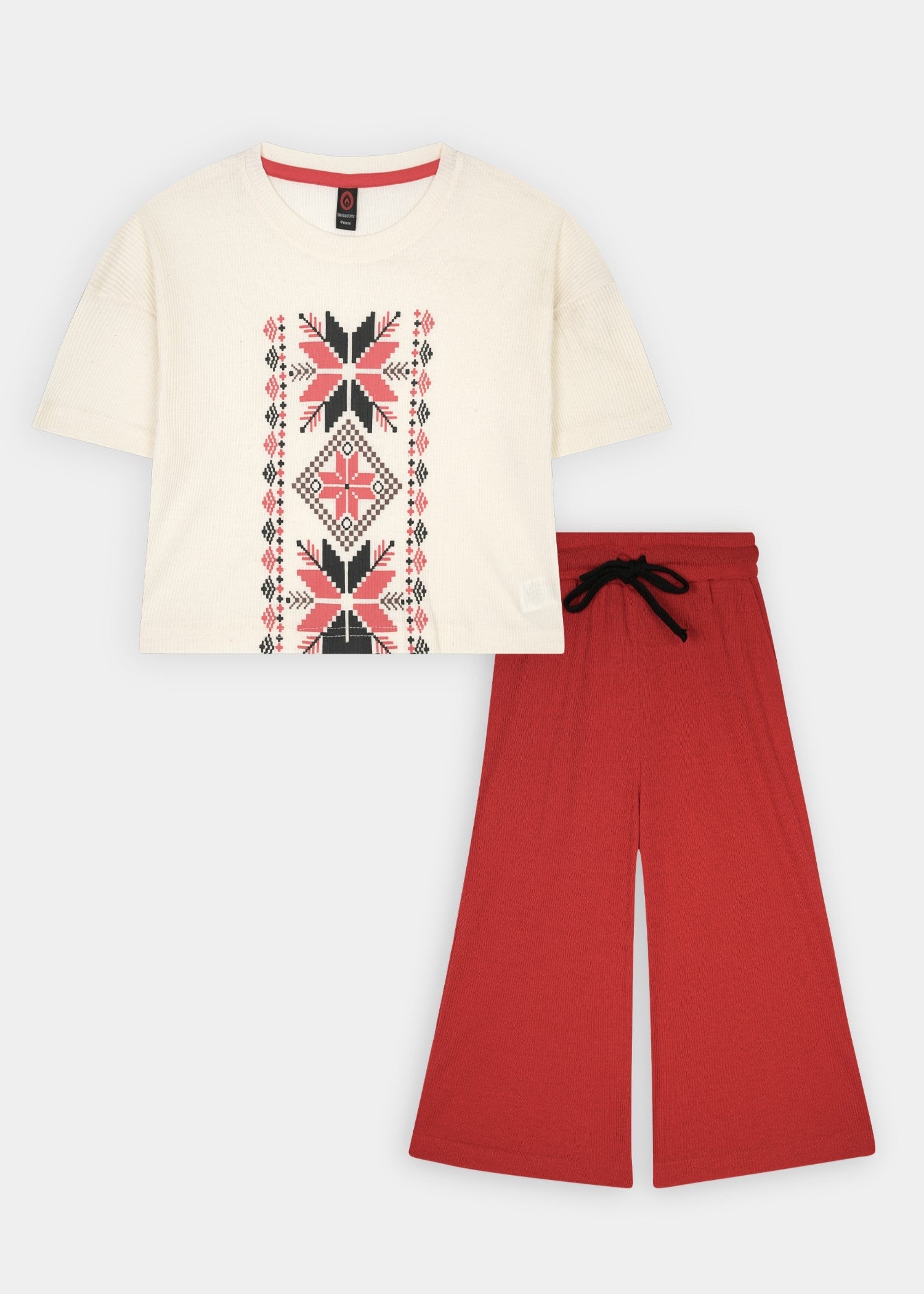 GIRLS-100-1X1 - Cotton Rib Two Piece Set Boxy Nordic Print Tee Wide Leg Trousers