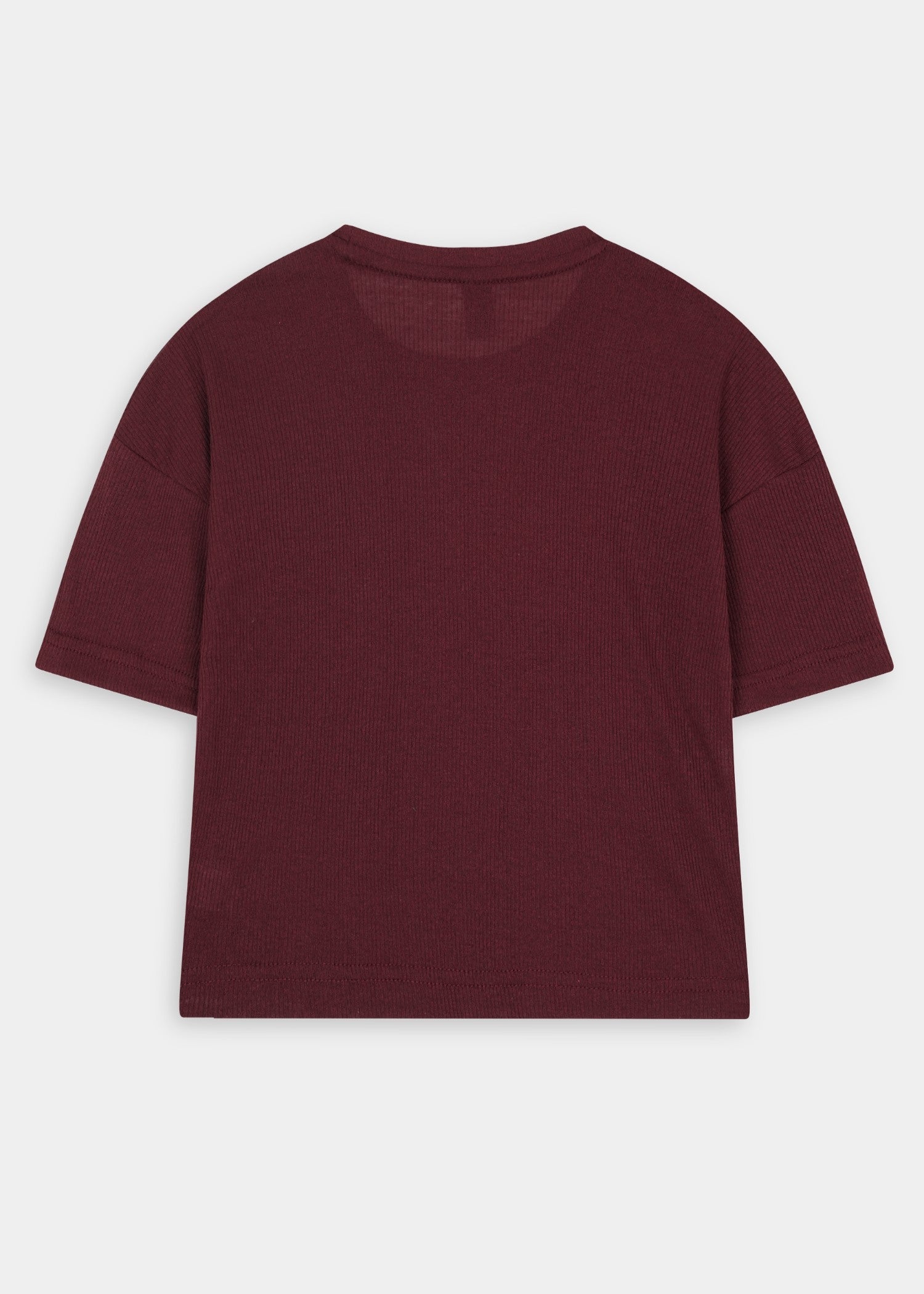 GIRLS-PREMIUM-100-1X1 - Cotton Deep Burgundy Rib Two Piece Set Boxy Tee Wide Leg Treouser