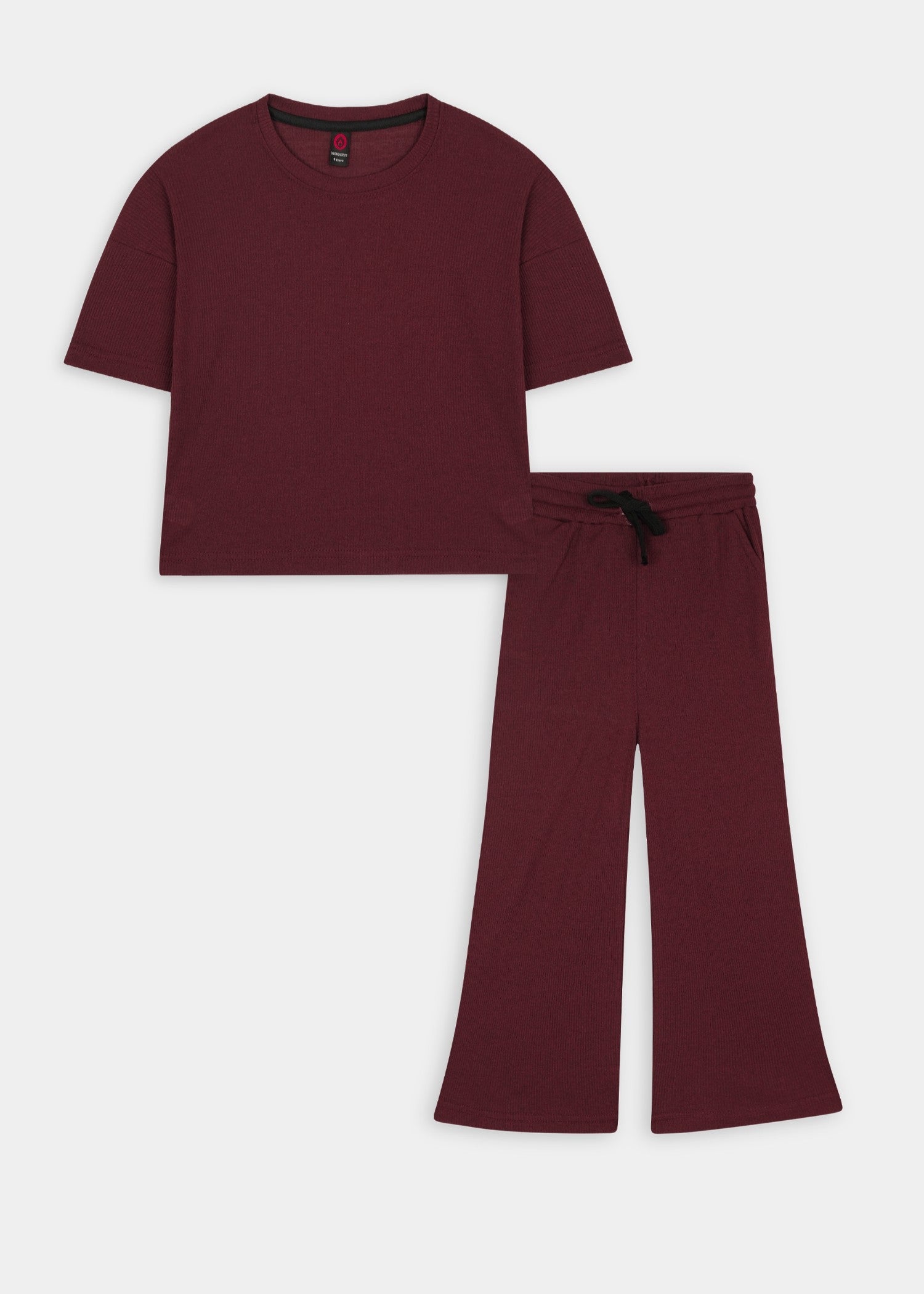 GIRLS-PREMIUM-100-1X1 - Cotton Deep Burgundy Rib Two Piece Set Boxy Tee Wide Leg Treouser