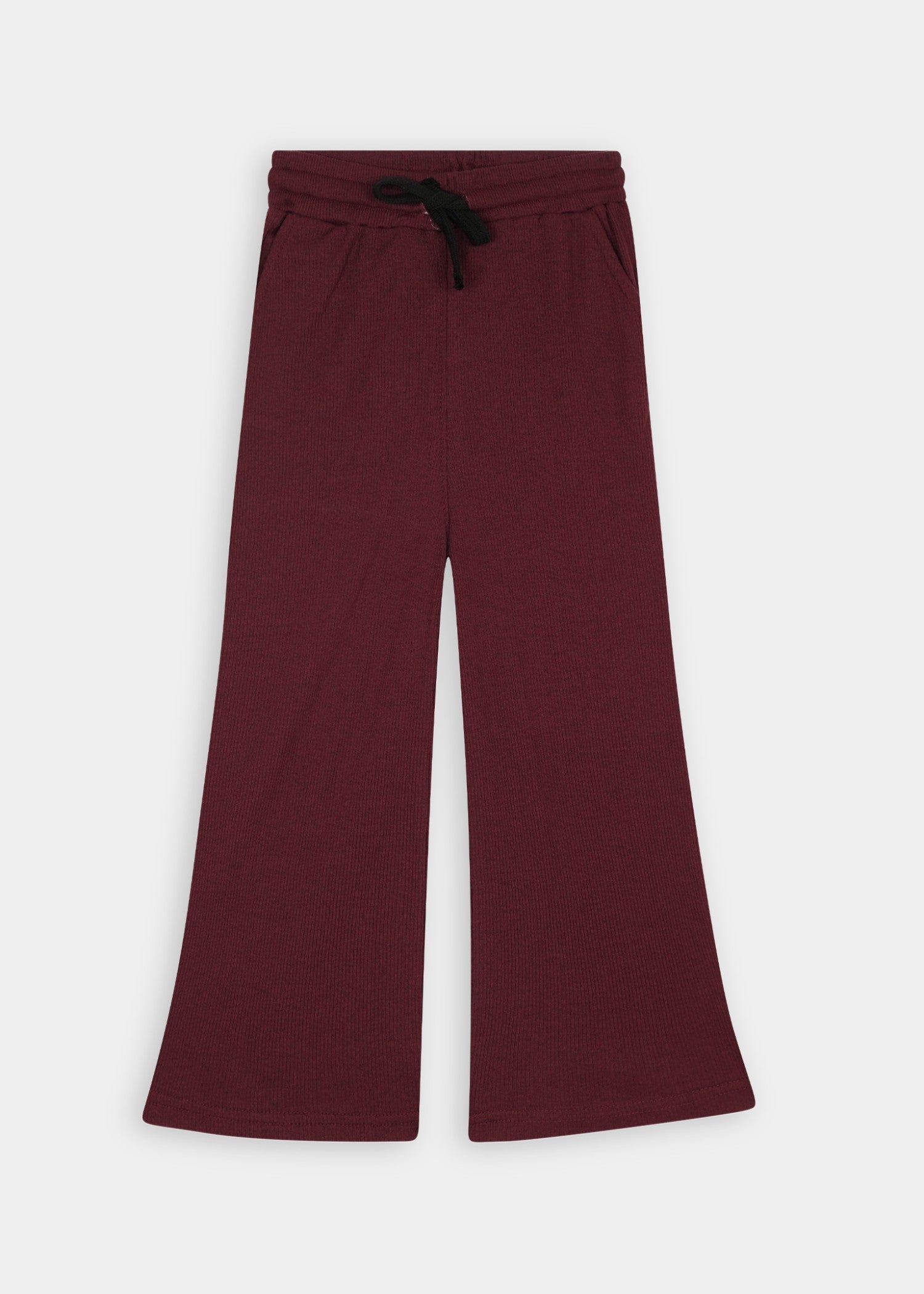 GIRLS-PREMIUM-100-1X1 - Cotton Deep Burgundy Rib Two Piece Set Boxy Tee Wide Leg Treouser