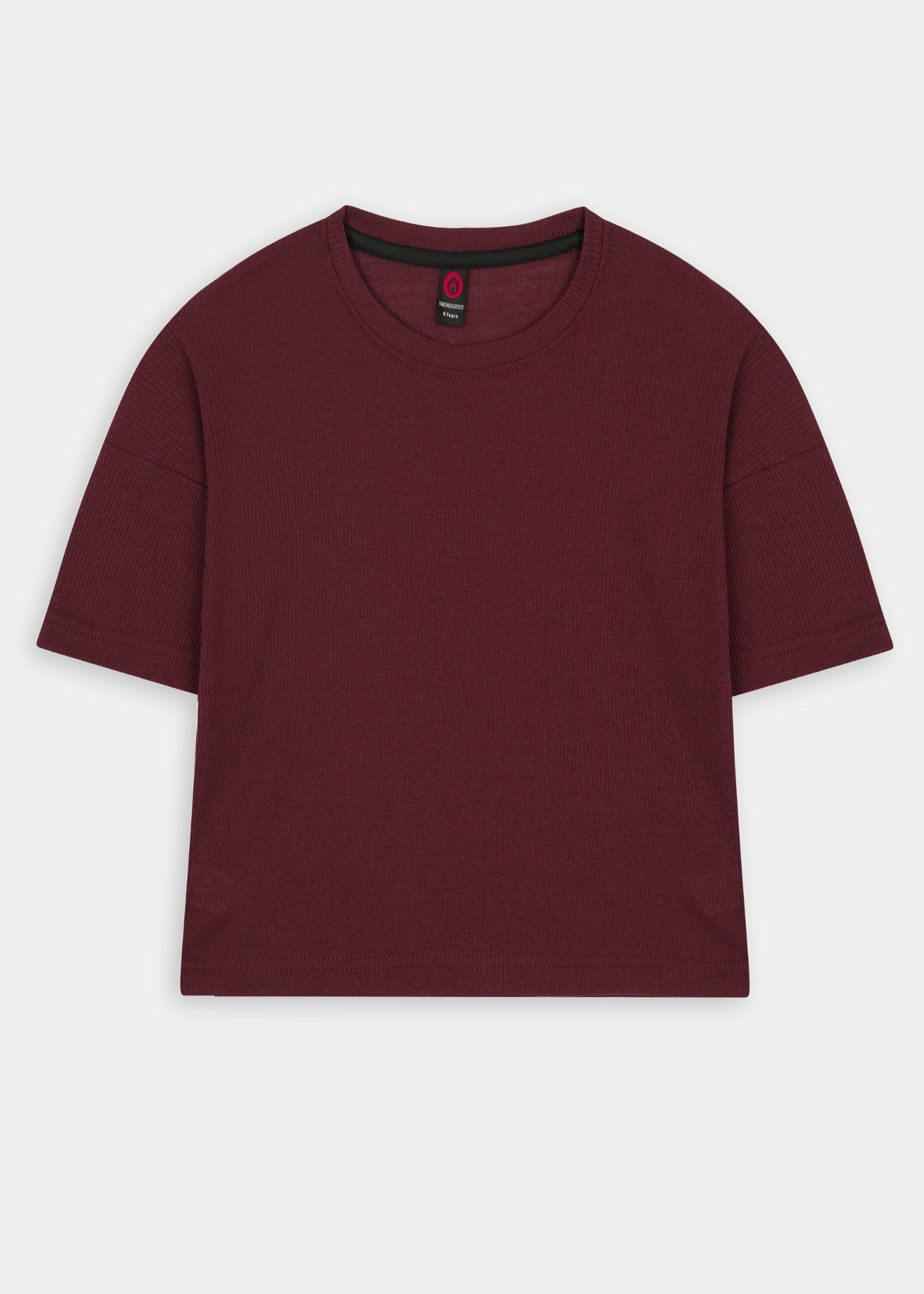 GIRLS-PREMIUM-100-1X1 - Cotton Deep Burgundy Rib Two Piece Set Boxy Tee Wide Leg Treouser