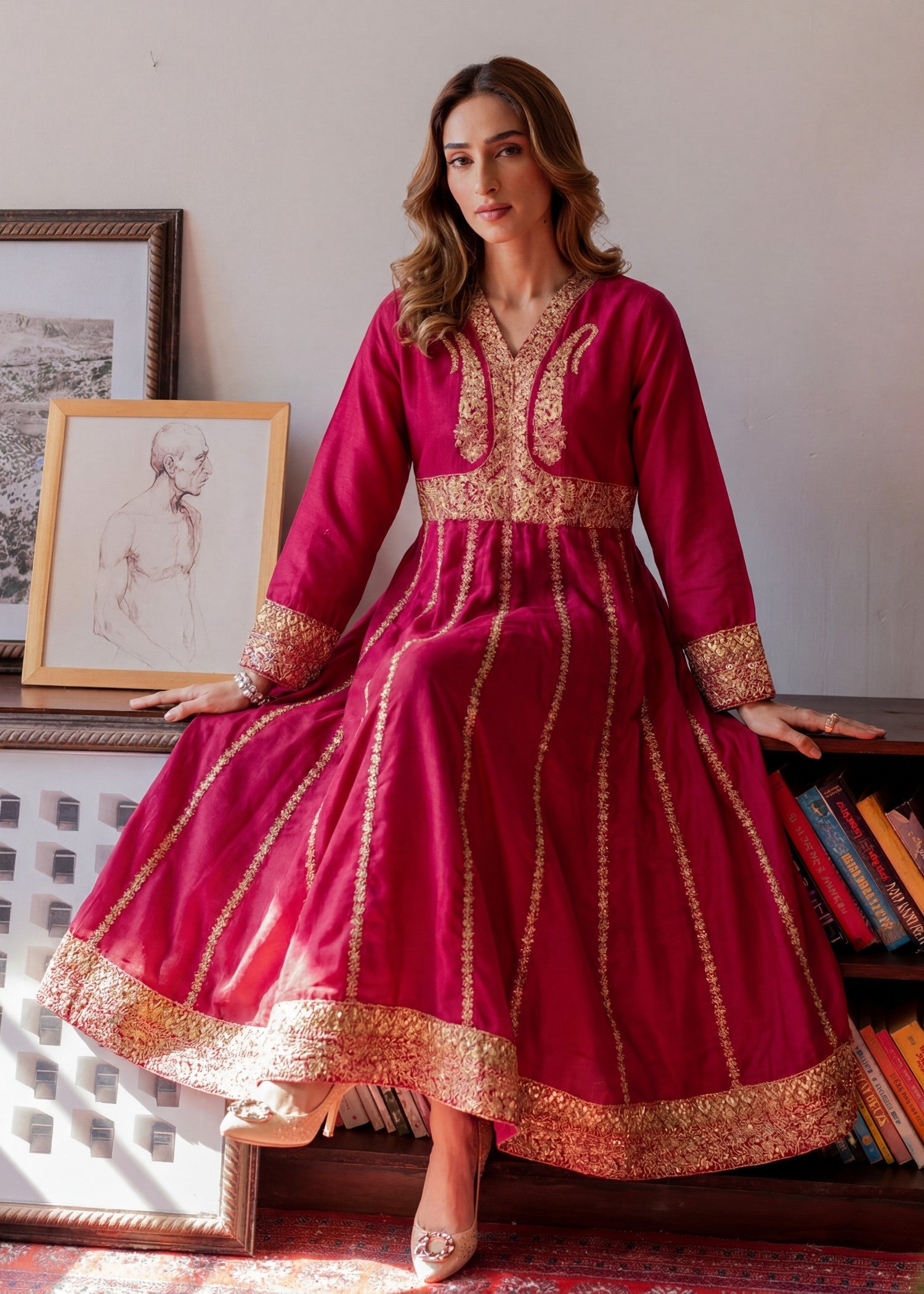 Textured lawn Anarkali in Cardinal red