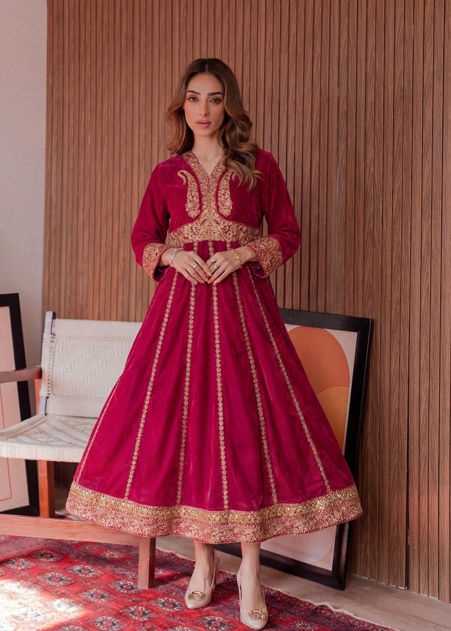 Textured lawn Anarkali in Cardinal red