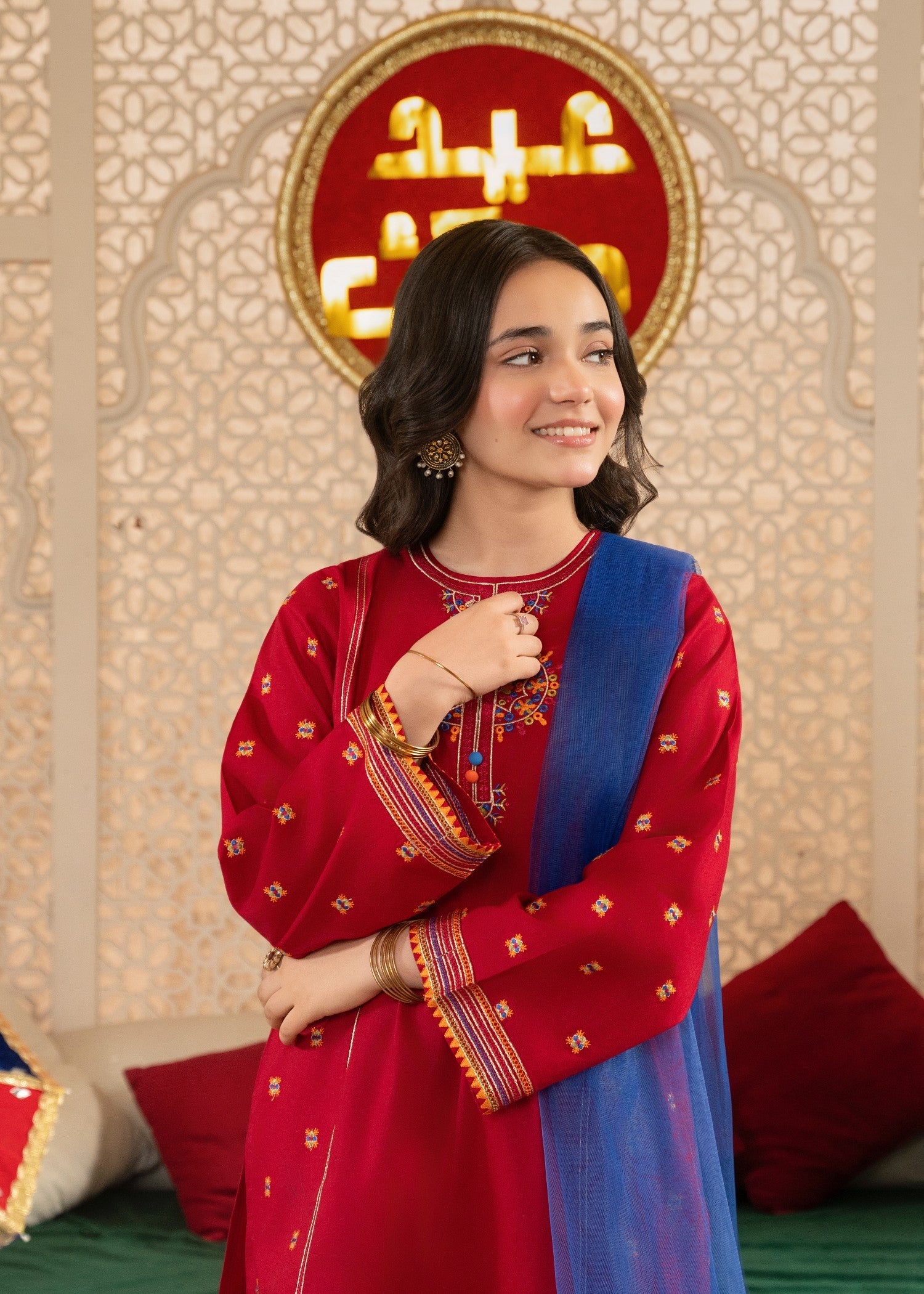GIRLS-PREMIUM-3 - Piece Embroidered Cotton Suit With Net Dupatta Festive Casual Wear