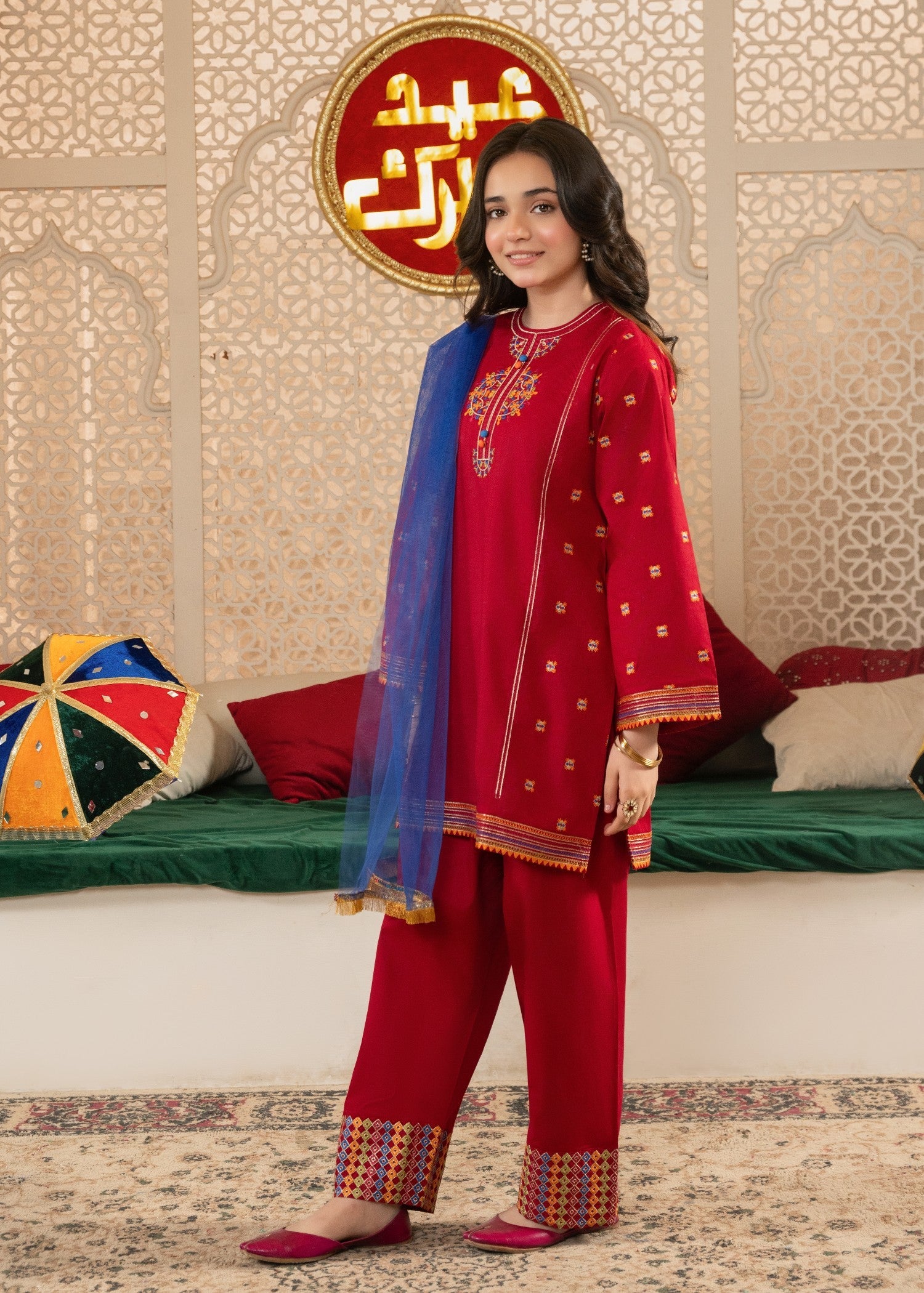 GIRLS-PREMIUM-3 - Piece Embroidered Cotton Suit With Net Dupatta Festive Casual Wear