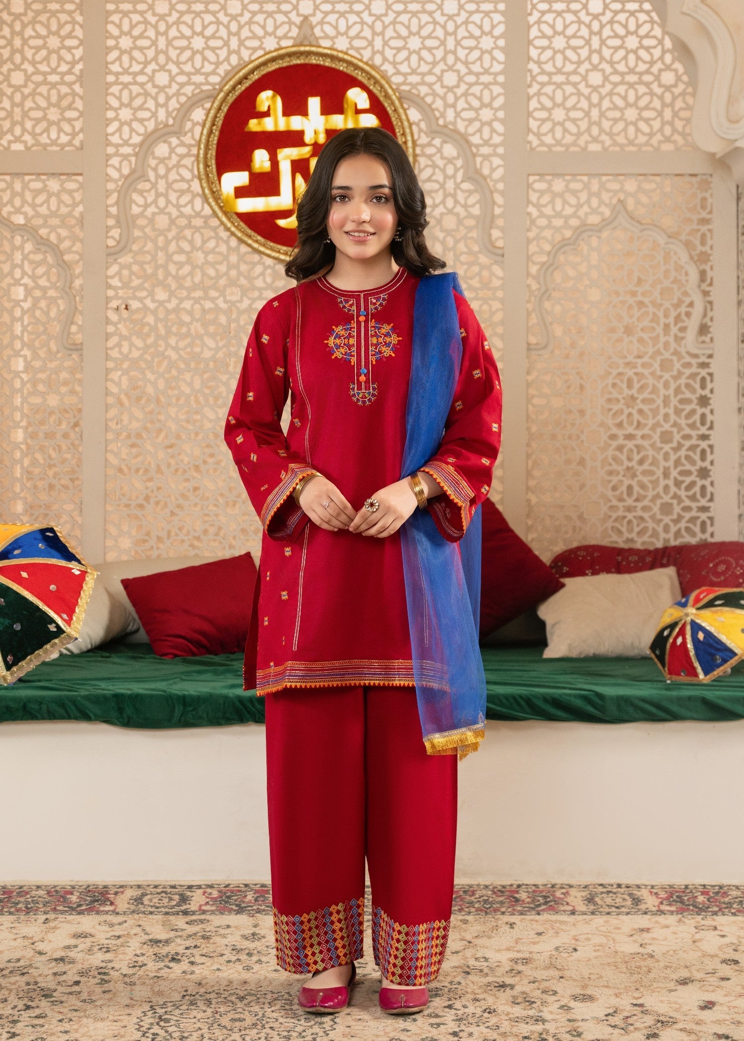 GIRLS-PREMIUM-3 - Piece Embroidered Cotton Suit With Net Dupatta Festive Casual Wear