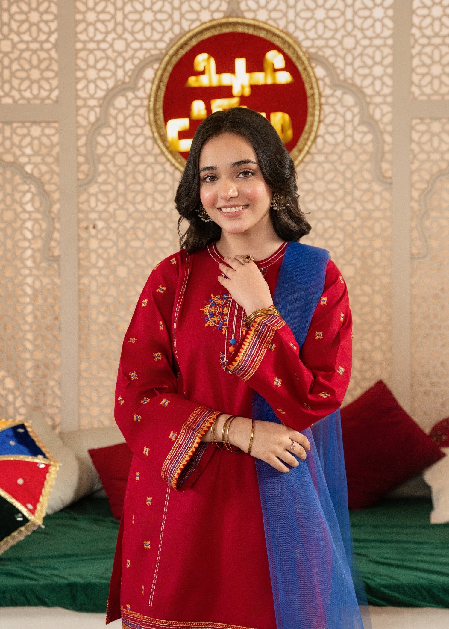 GIRLS-PREMIUM-3 - Piece Embroidered Cotton Suit With Net Dupatta Festive Casual Wear