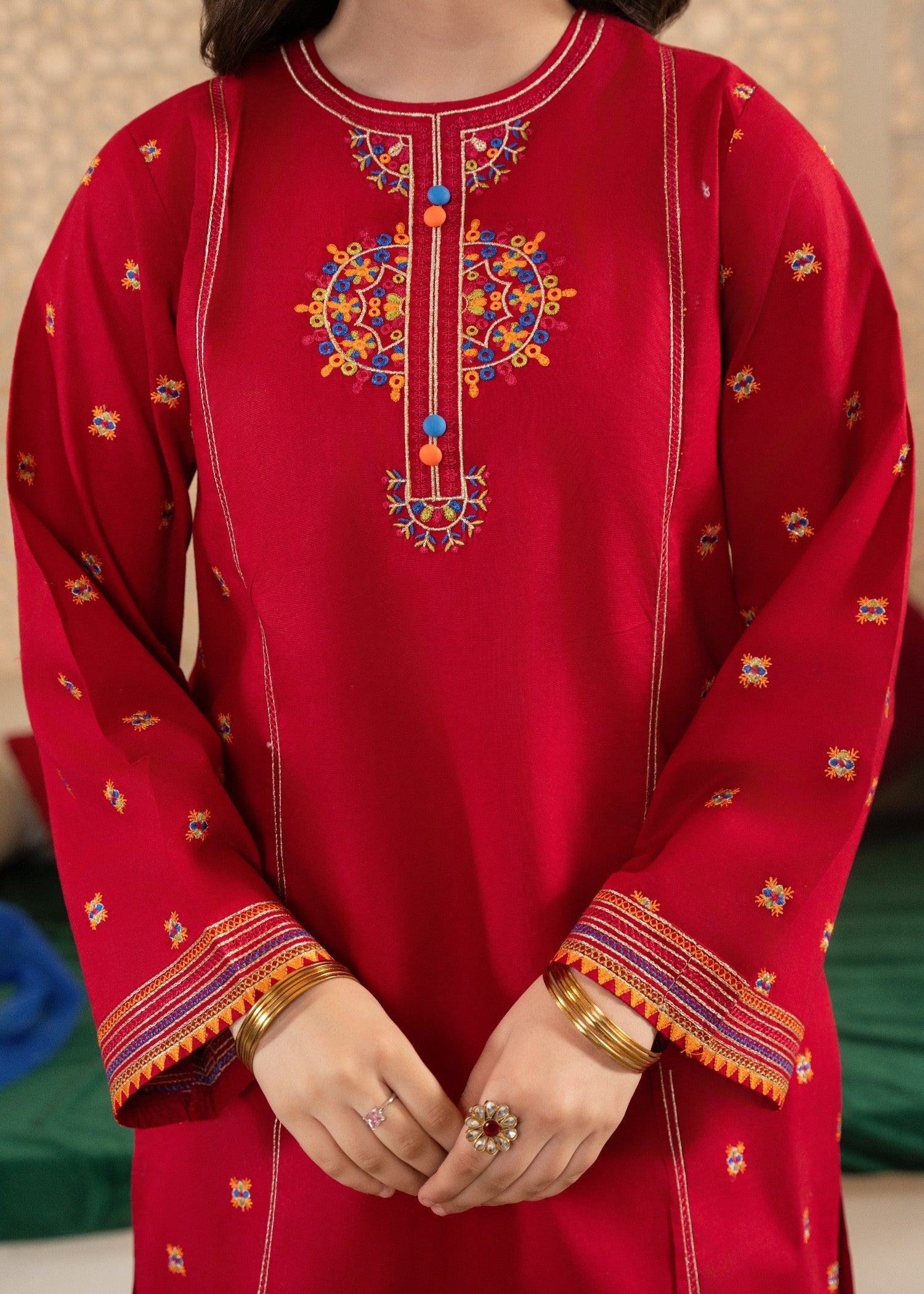 GIRLS-PREMIUM-3 - Piece Embroidered Cotton Suit With Net Dupatta Festive Casual Wear