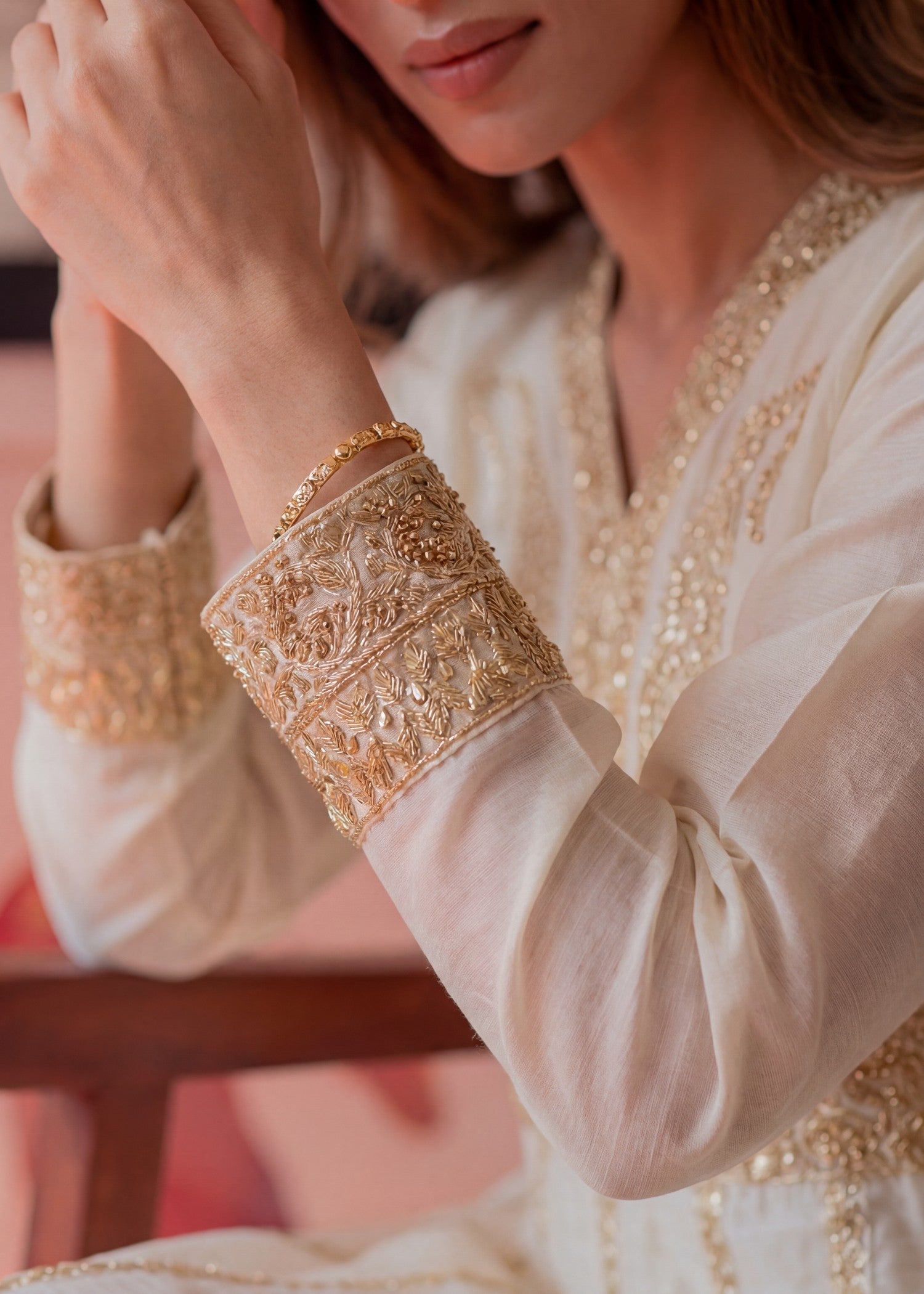 Textured lawn Anarkali in Ivory