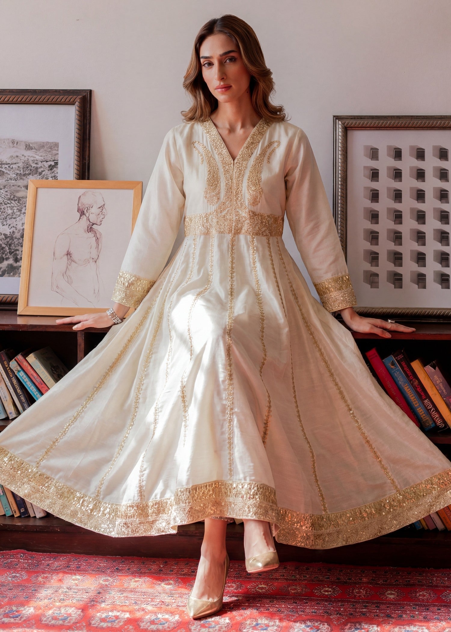 Textured lawn Anarkali in Ivory