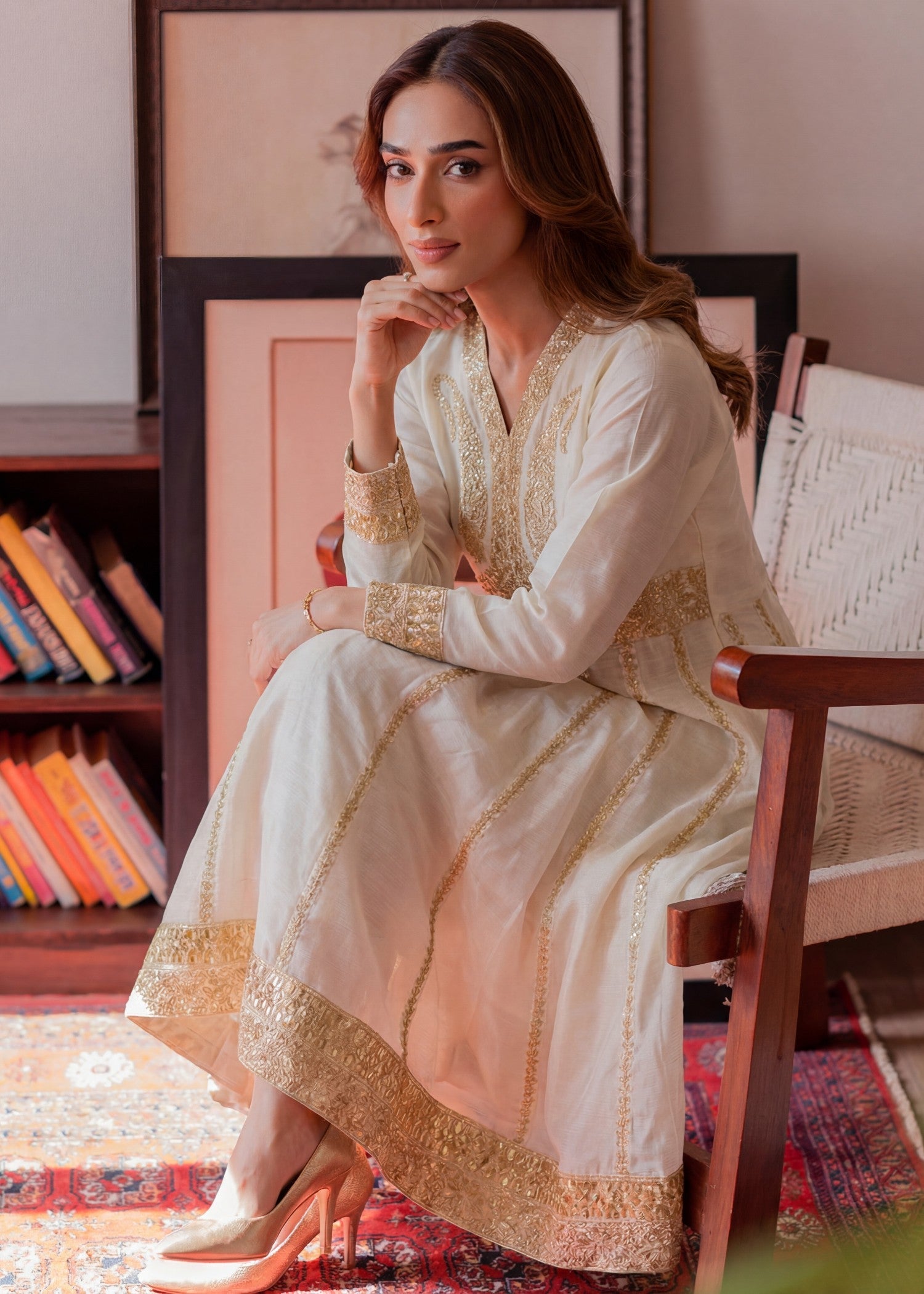 Textured lawn Anarkali in Ivory