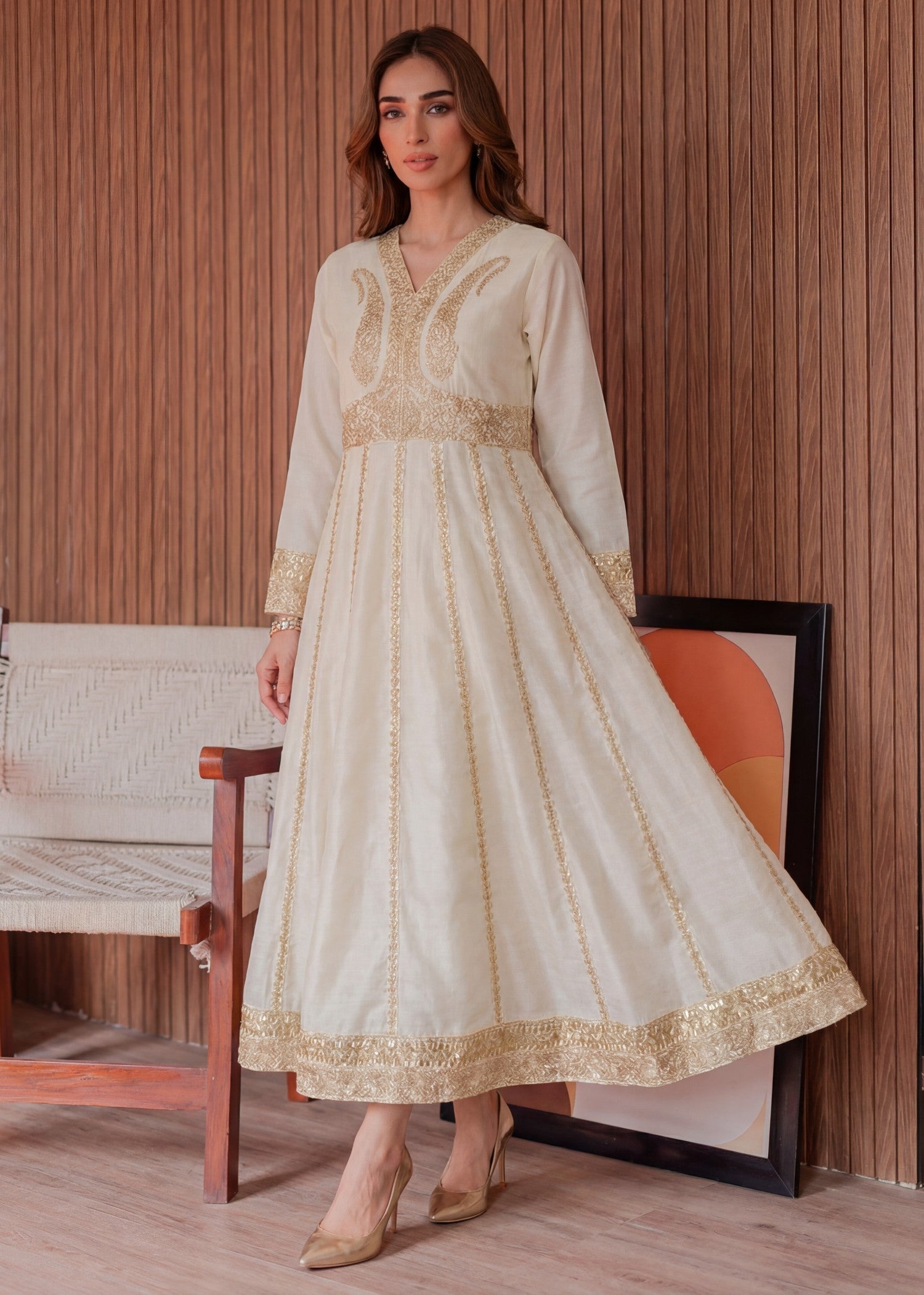 Textured lawn Anarkali in Ivory