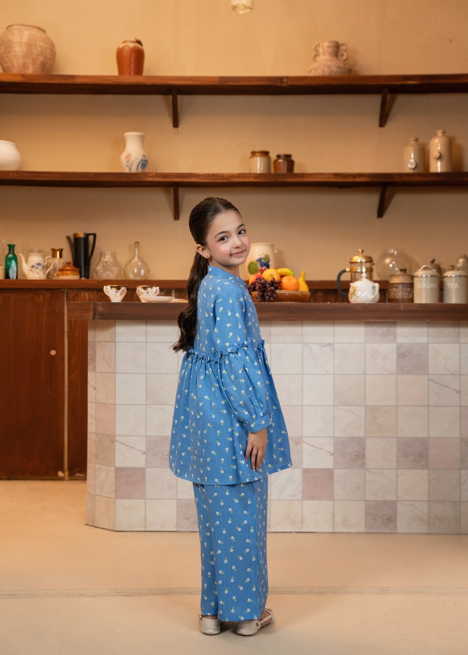 GIRLS-BLUE-PRINTED-COTTON-SUIT-2 - Piece Kurti Trouser Set