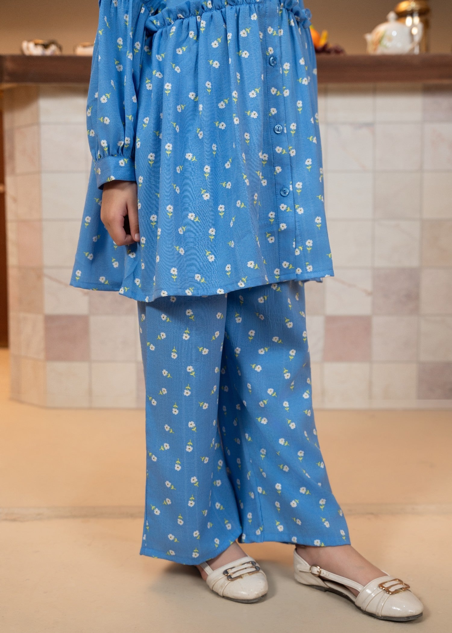 GIRLS-BLUE-PRINTED-COTTON-SUIT-2 - Piece Kurti Trouser Set