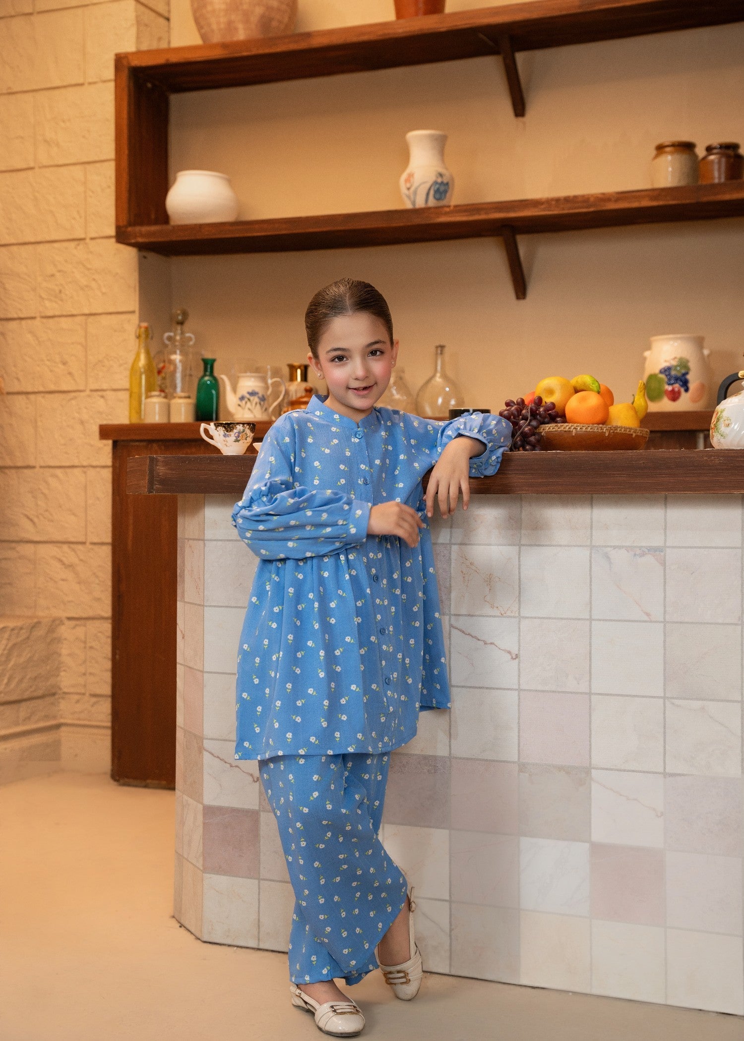 GIRLS-BLUE-PRINTED-COTTON-SUIT-2 - Piece Kurti Trouser Set