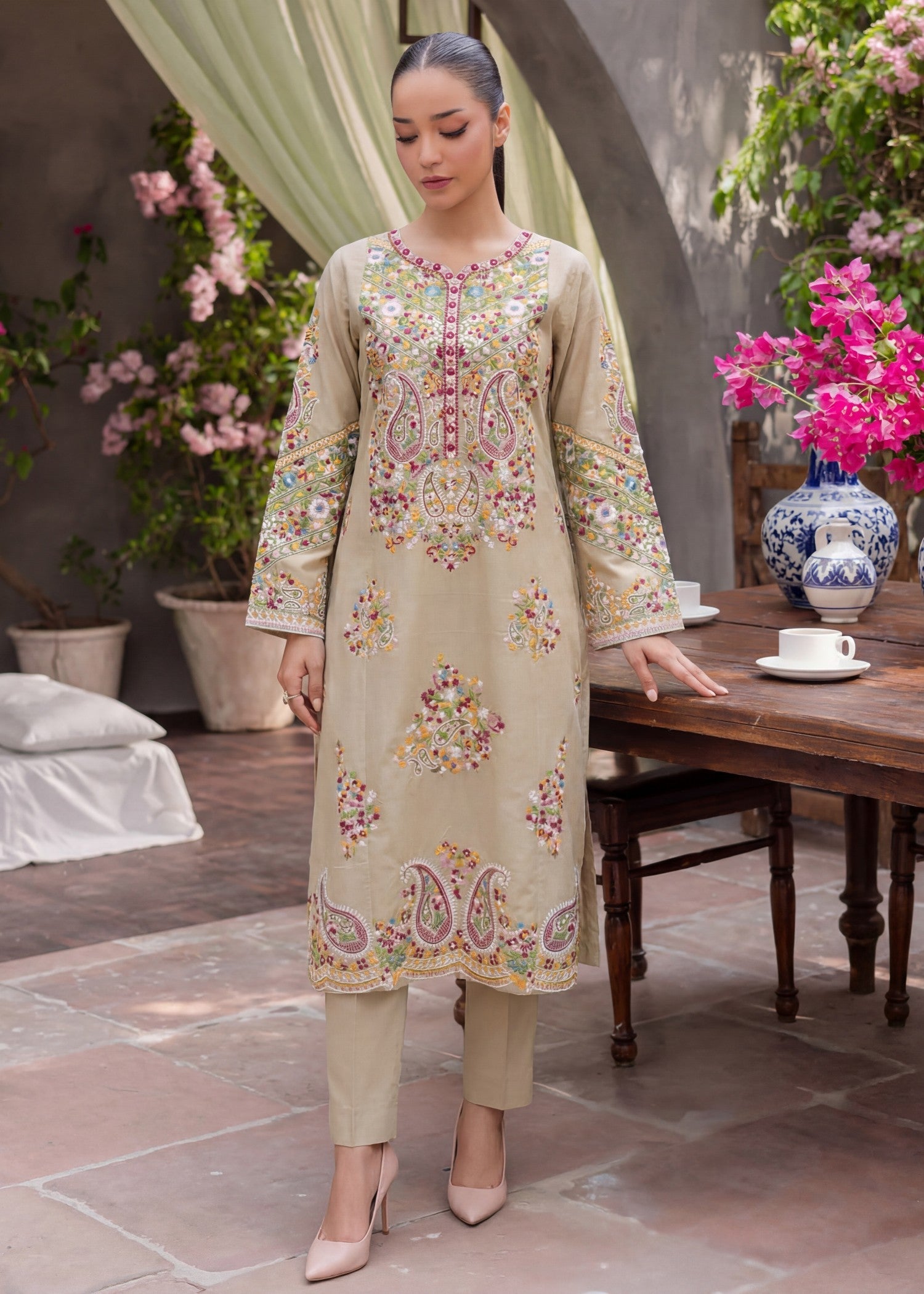 Lawn Kurta Set in Beige
